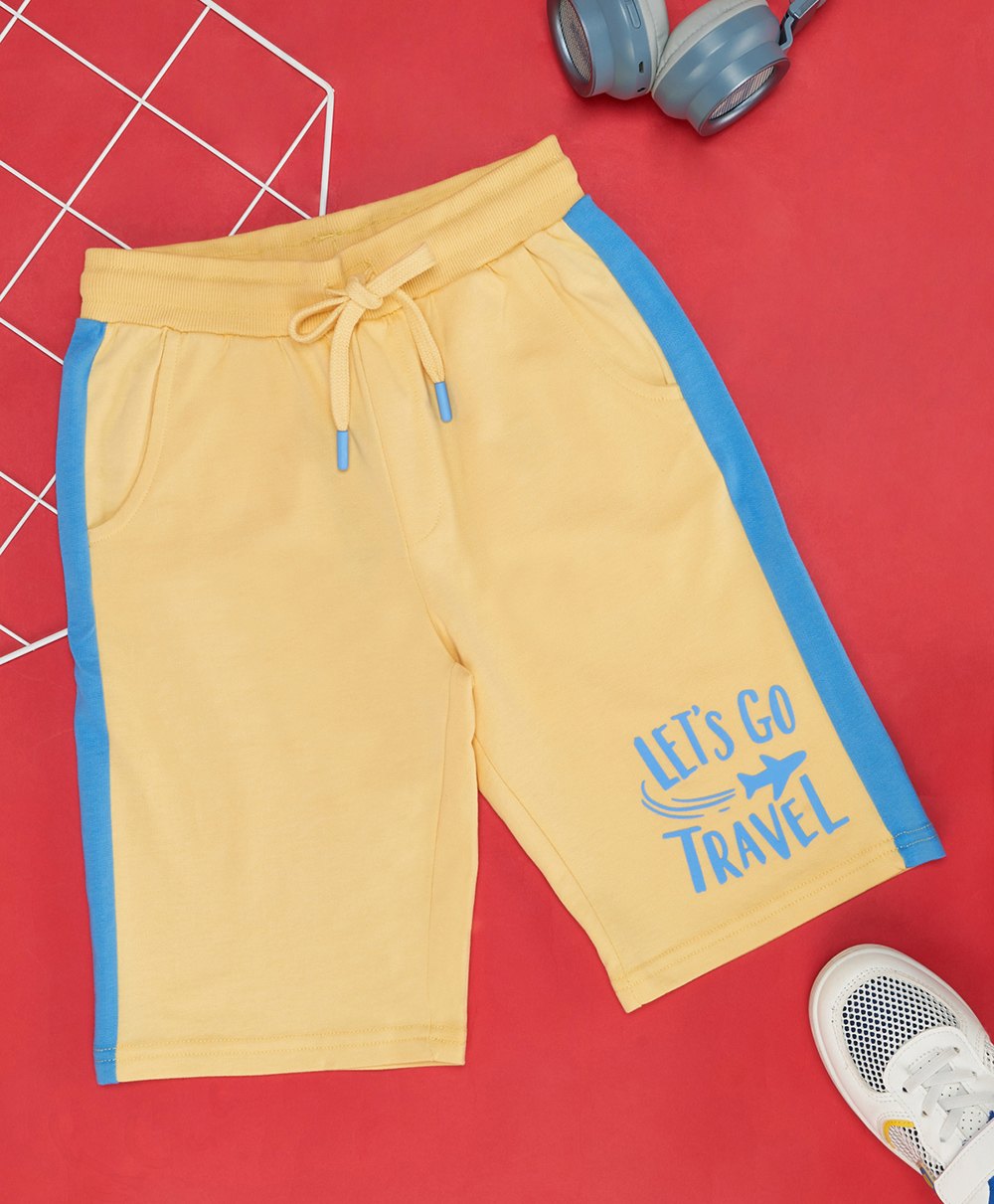 Pantaloons Junior Cotton Lets Go Travel Text Printed Shorts - Blazing Yellow-picture-26