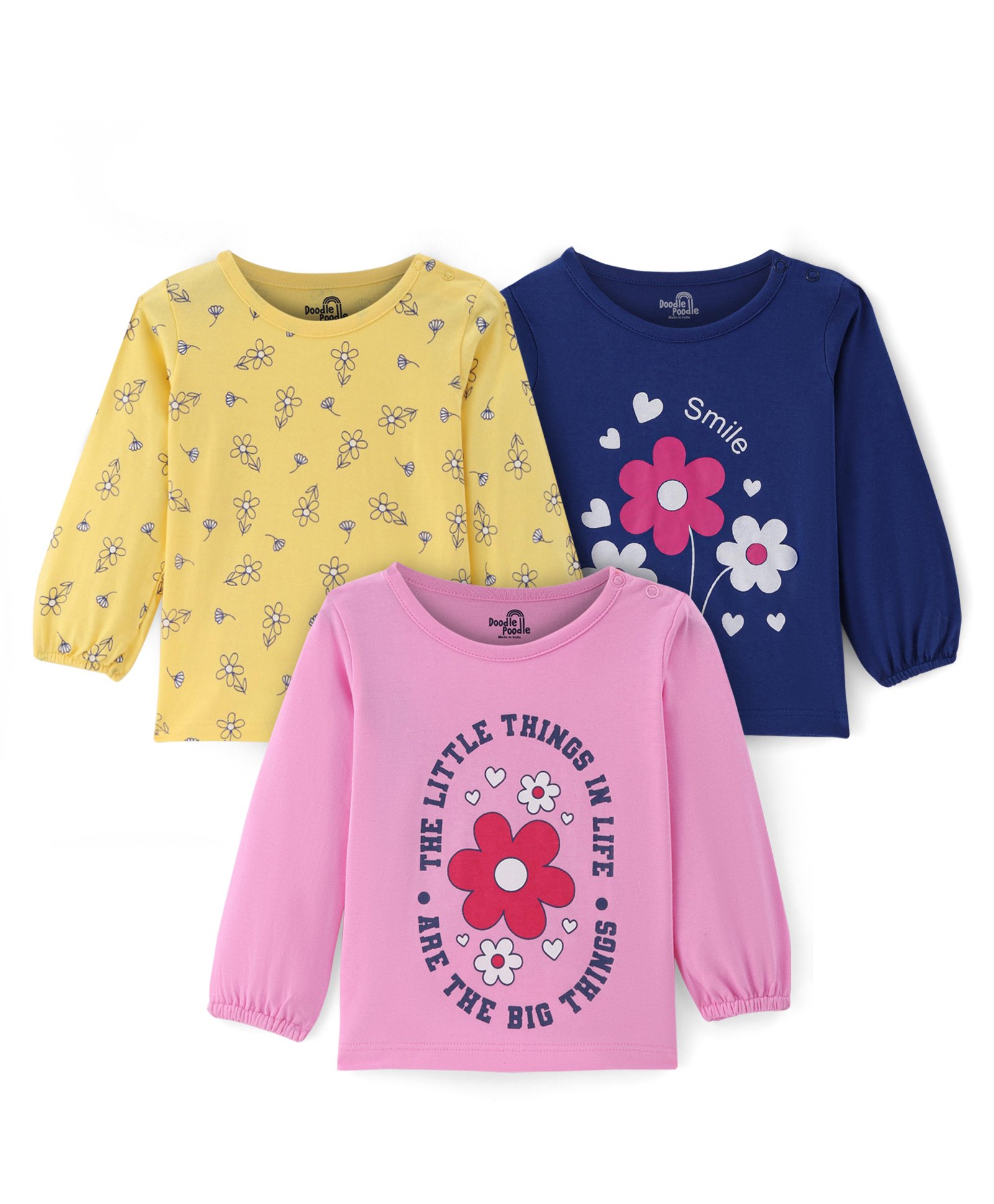 Babyoye 100% Cotton Knit Full Sleeves Tops with Floral Print Pack of 3 - Navy Blue Pink & Yellow-image-40