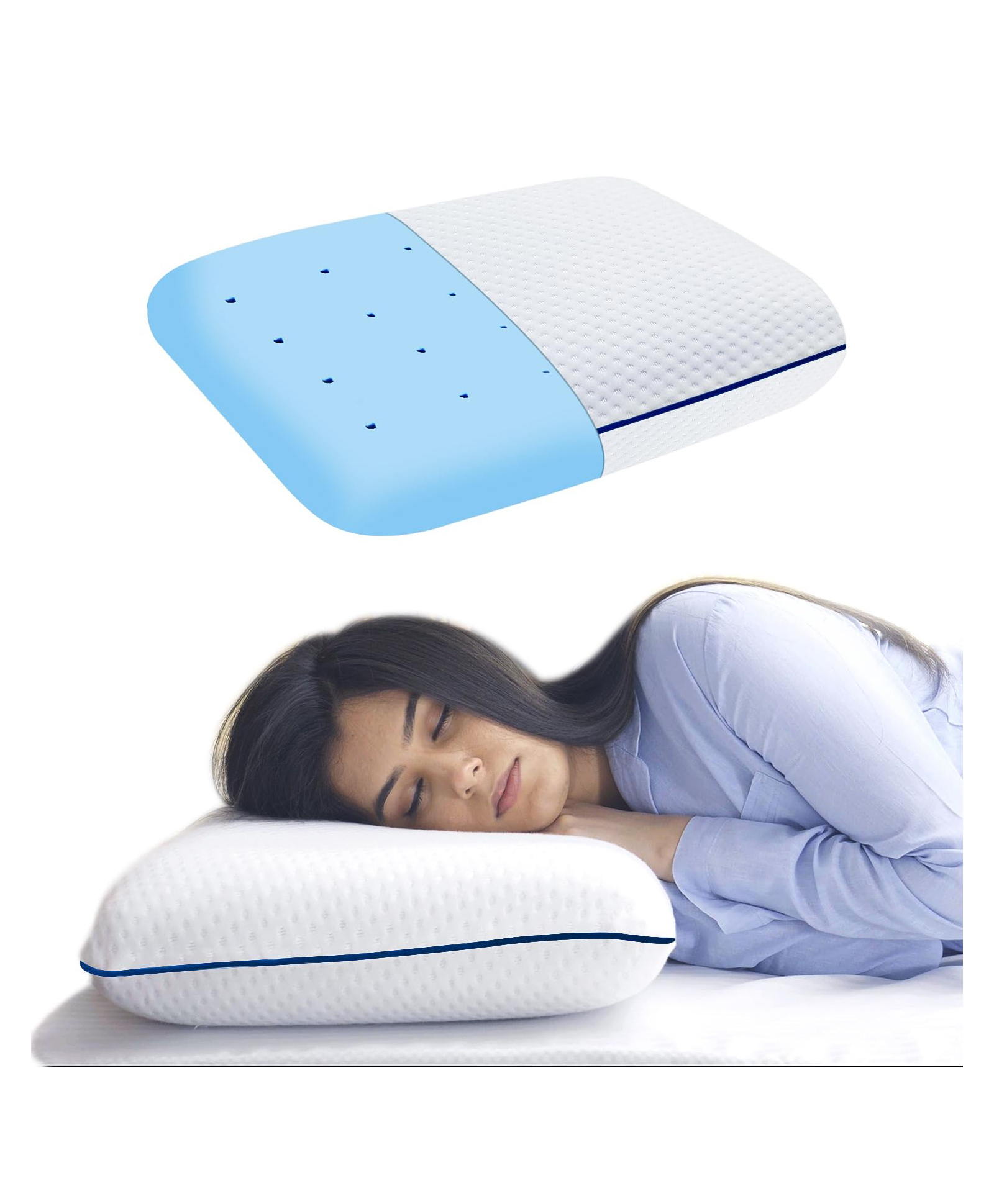 Sleepsia Memory Foam Pillows | Cooling Gel Orthopedic Bed Pillow for Sleeping - Ergonomic & Neck Pain Relief | Back Sleeper, Side Sleeper & Stomach Sleepers (Gel Ventilated, Medium Blue Piping)-image-2