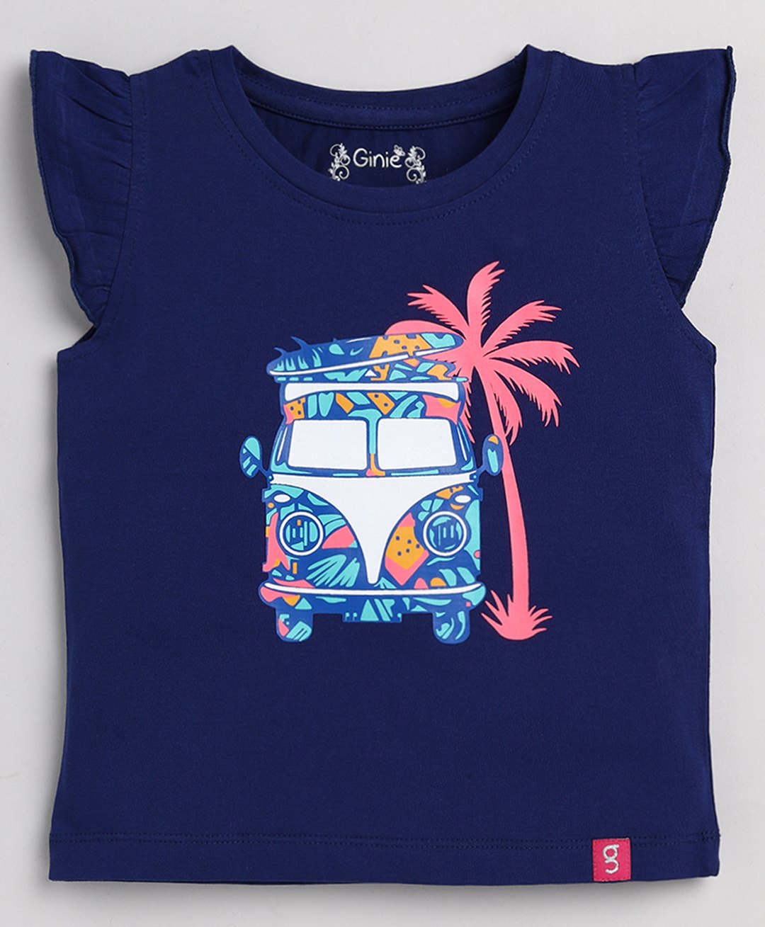 giniekids Cotton Cap Sleeves Vehicle Printed Top - Navy Peony-image-16