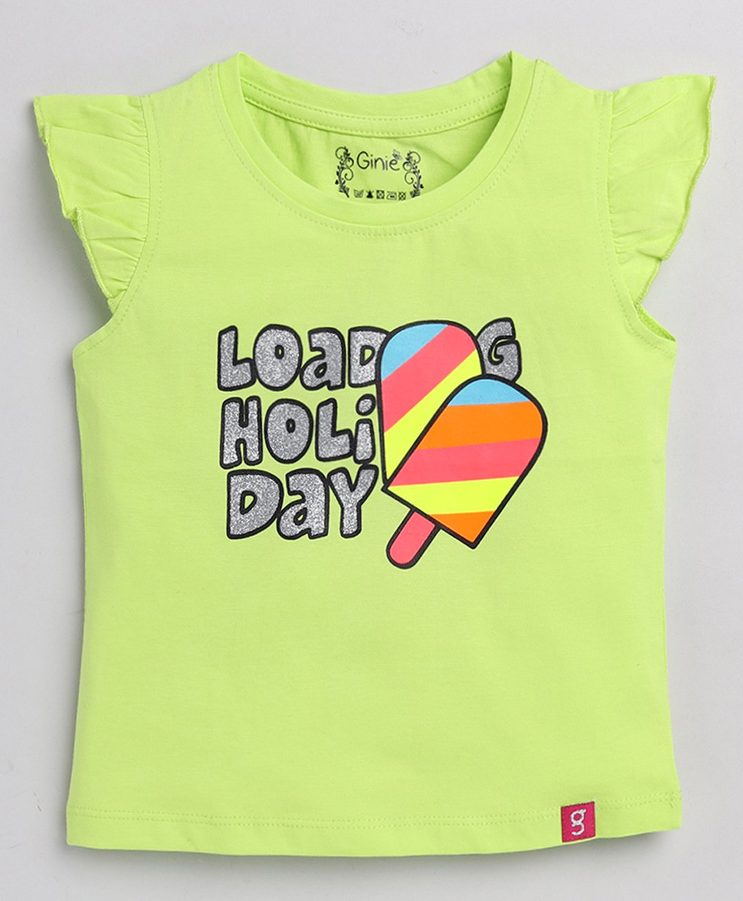 giniekids Cotton Cap Sleeves Text Printed  Top - Lime Green-image-5