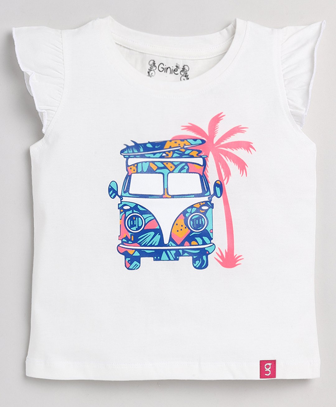 giniekids Cotton Cap Sleeves Vehicle Printed Top - Off White-image-4