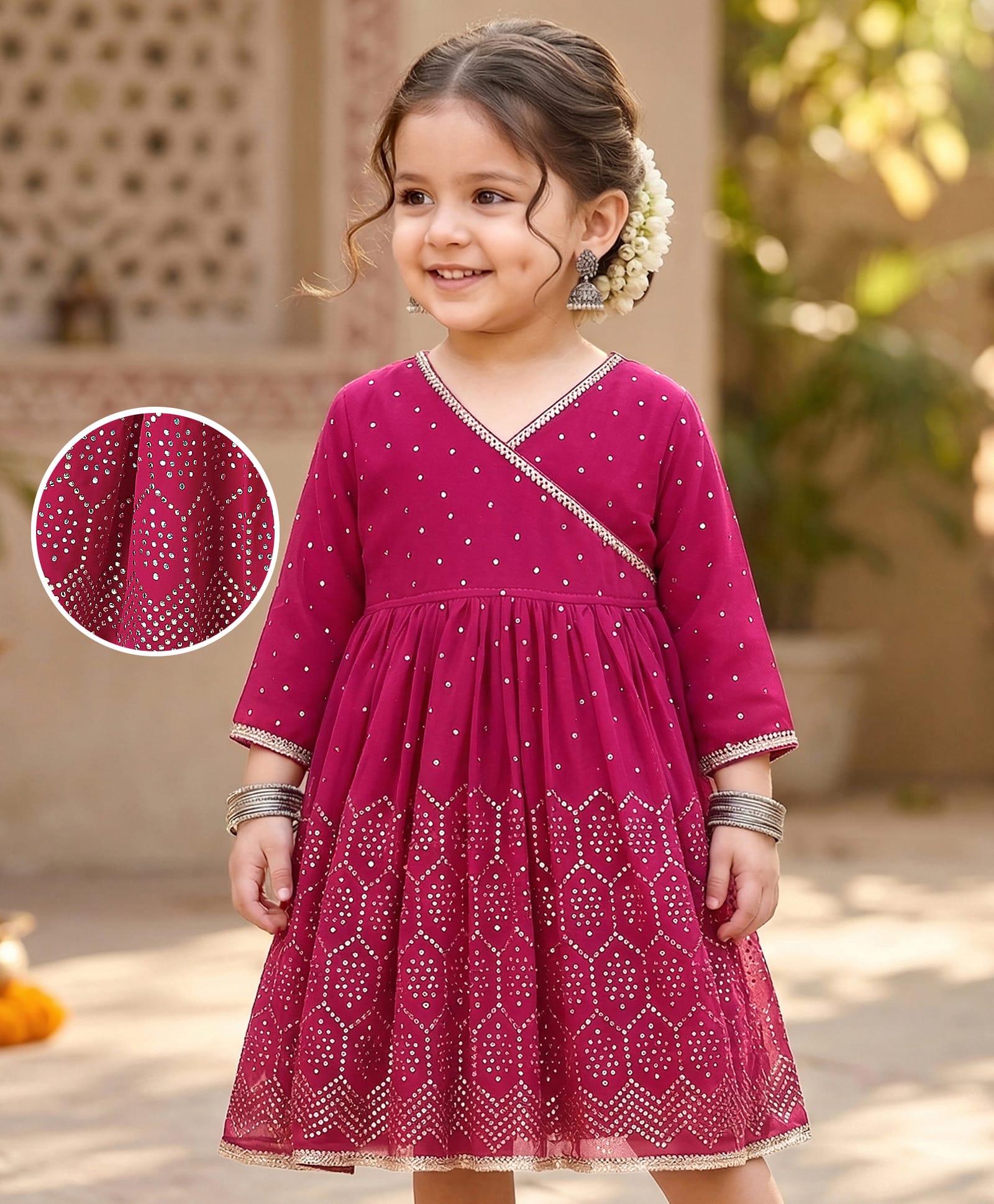 Babyhug Woven Three Fourth Sleeves Ethnic Dress with Sequin & Lace Detailing - Dark Pink-image-47