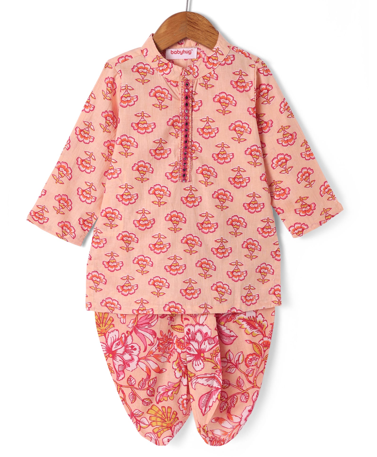 Babyhug Cotton Woven Full Sleeves Floral Printed Kurta Dhoti Set with Mirror Work Detailing - Peach-picture-17