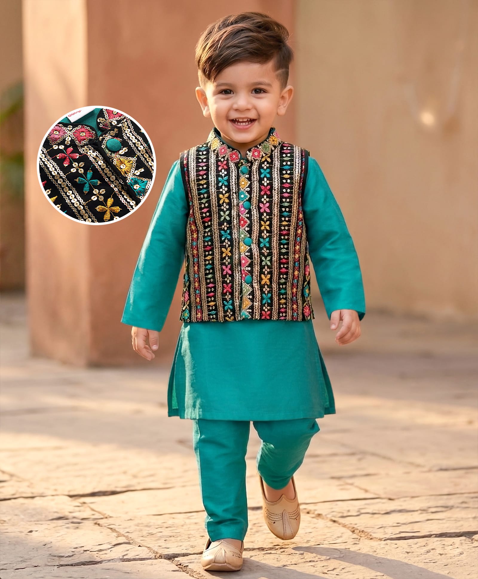Babyhug Woven Full Sleeves Solid Colour Kurta Pyjama Set with Floral Embroidered Jacket - Teal Blue-picture-20