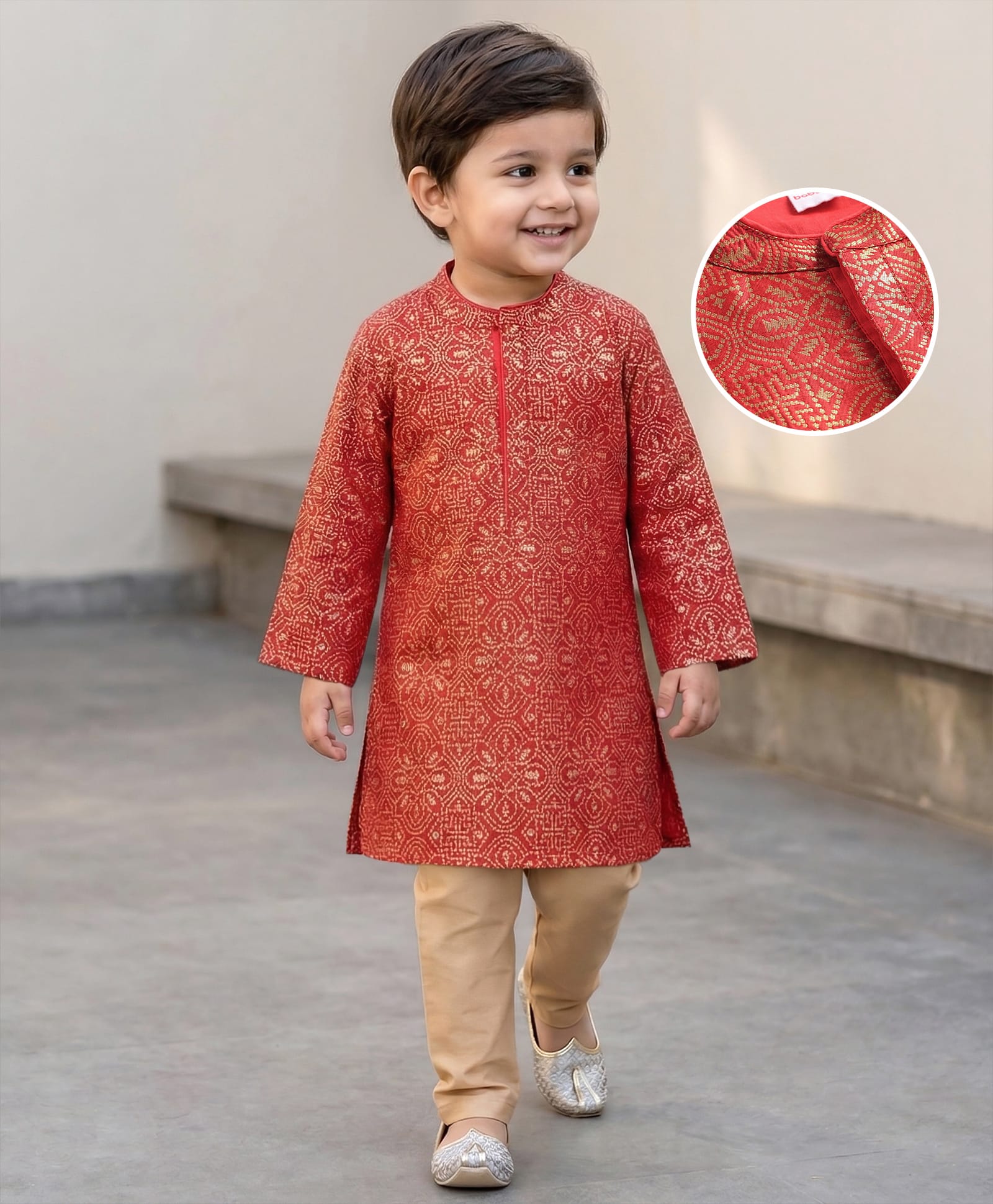 Babyhug Woven Full Sleeves Foil Printed Kurta Pyjama Set - Orange-image-20