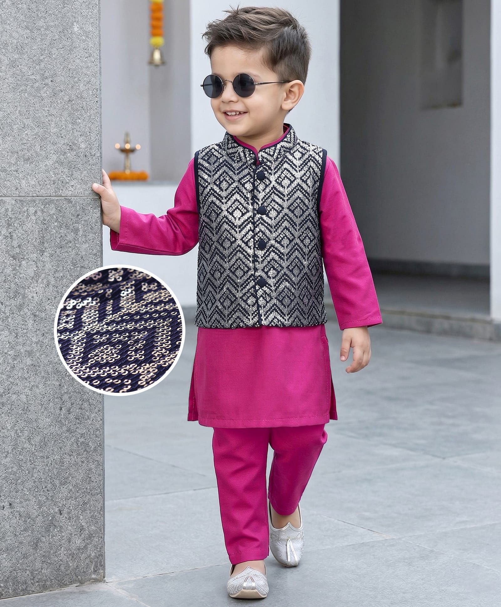 Babyhug Woven Full Sleeves Solid Colour Kurta Pyjama Set with Sequined Embroidered Nehru Jacket - Dark Pink-picture-13