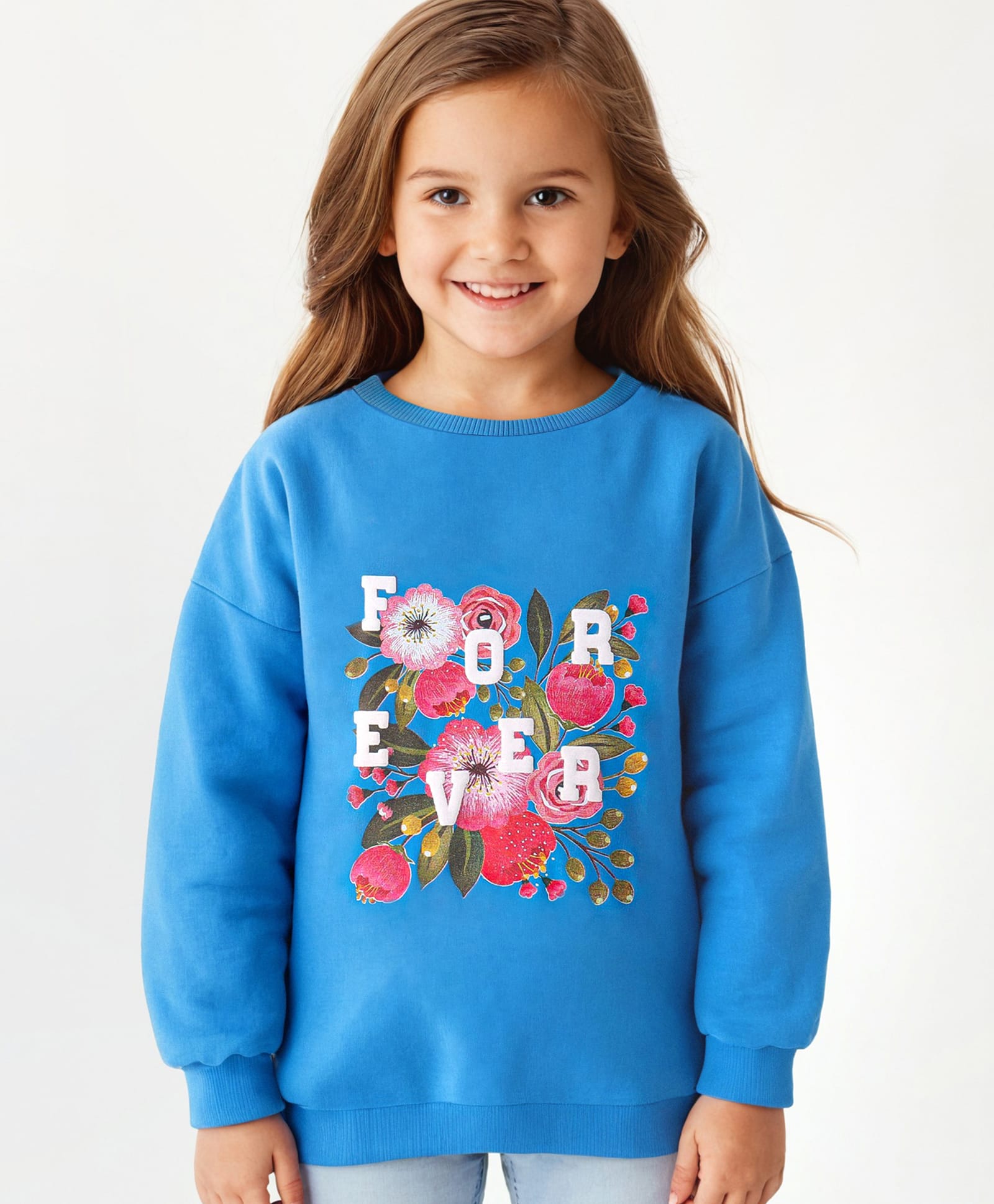 Pine Kids Cotton Knit Full Sleeves Drop Shoulder Sweatshirt with Text & Floral Print - Blue-picture-38