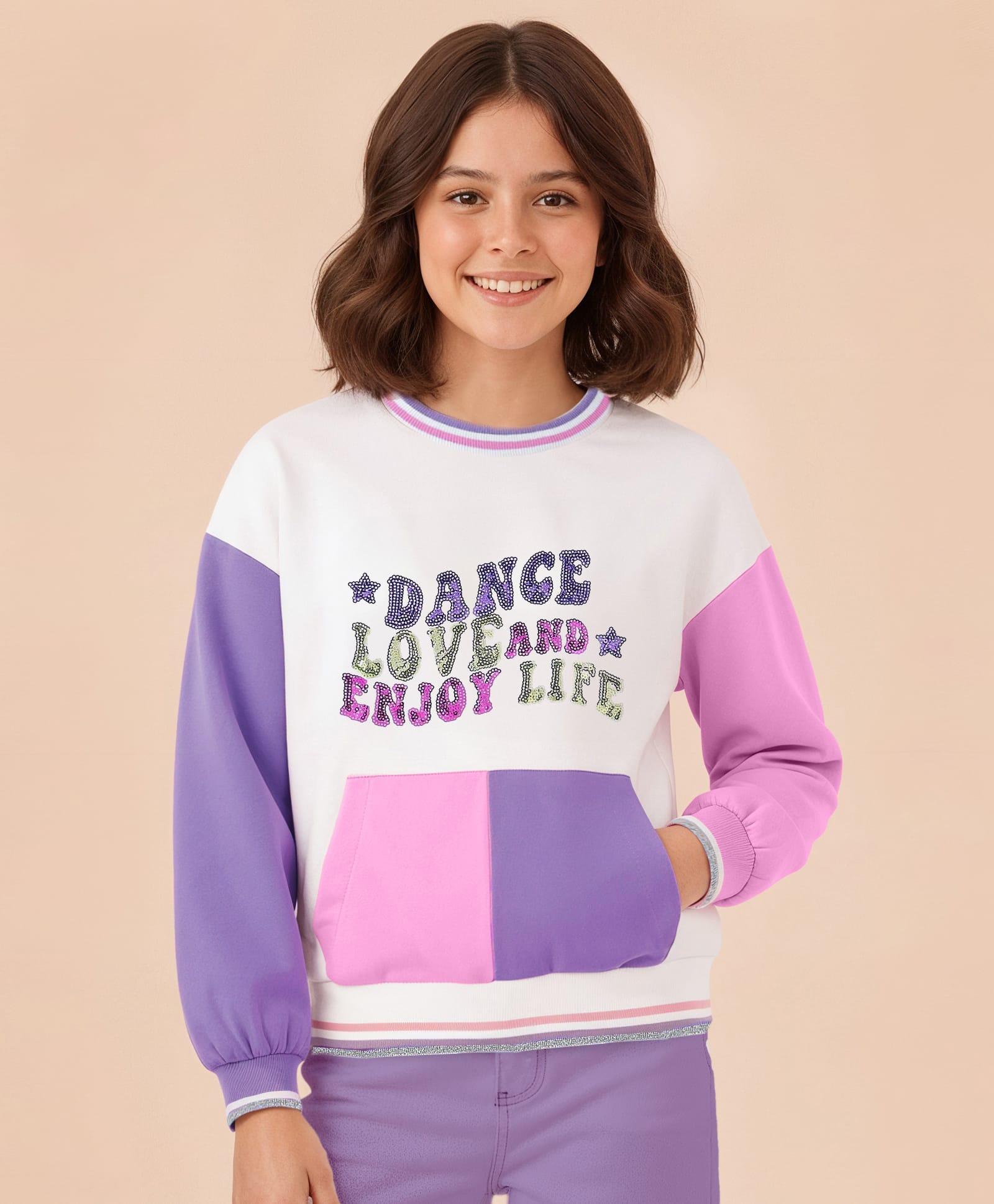 Pine Kids Cotton Knit Full Drop Shoulder Sleeves Sweatshirt with Sequin Text Embroidery & Kangaroo Pockets - White Pink & Purple-picture-17
