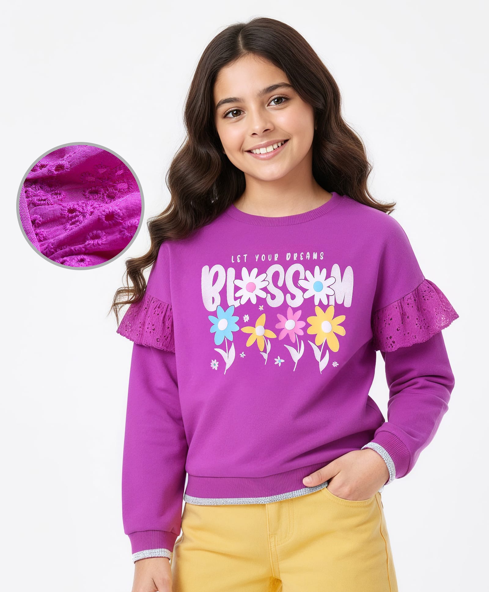 Pine Kids Cotton Knit Full Sleeves Drop Shoulder Sweatshirt with Floral Print & Frill Detailing - Purple-picture-21