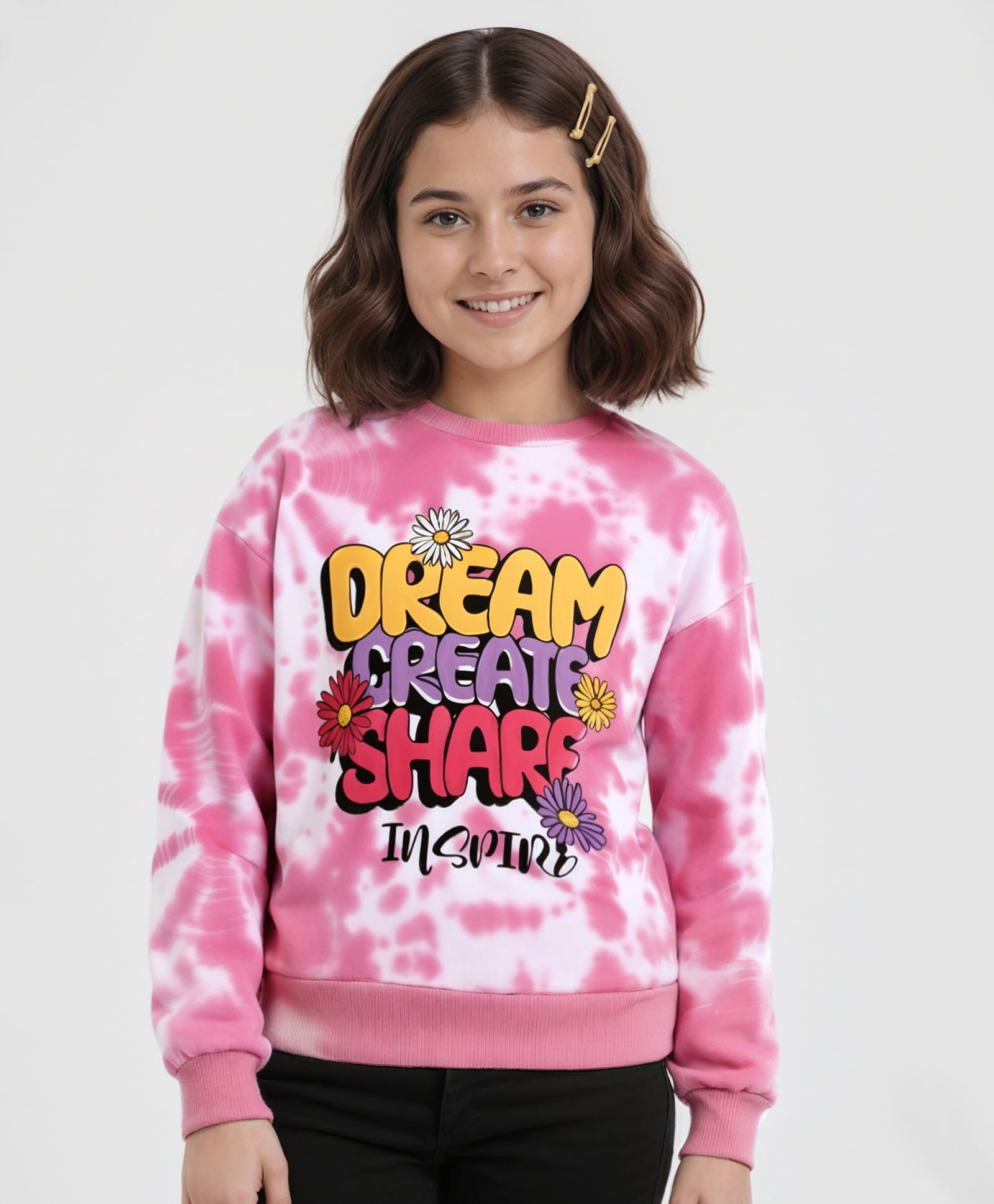Pine Kids Cotton Knit Full Sleeves Pullover Sweatshirt with Tie & Dye Design & Text Print - Pink-image-15