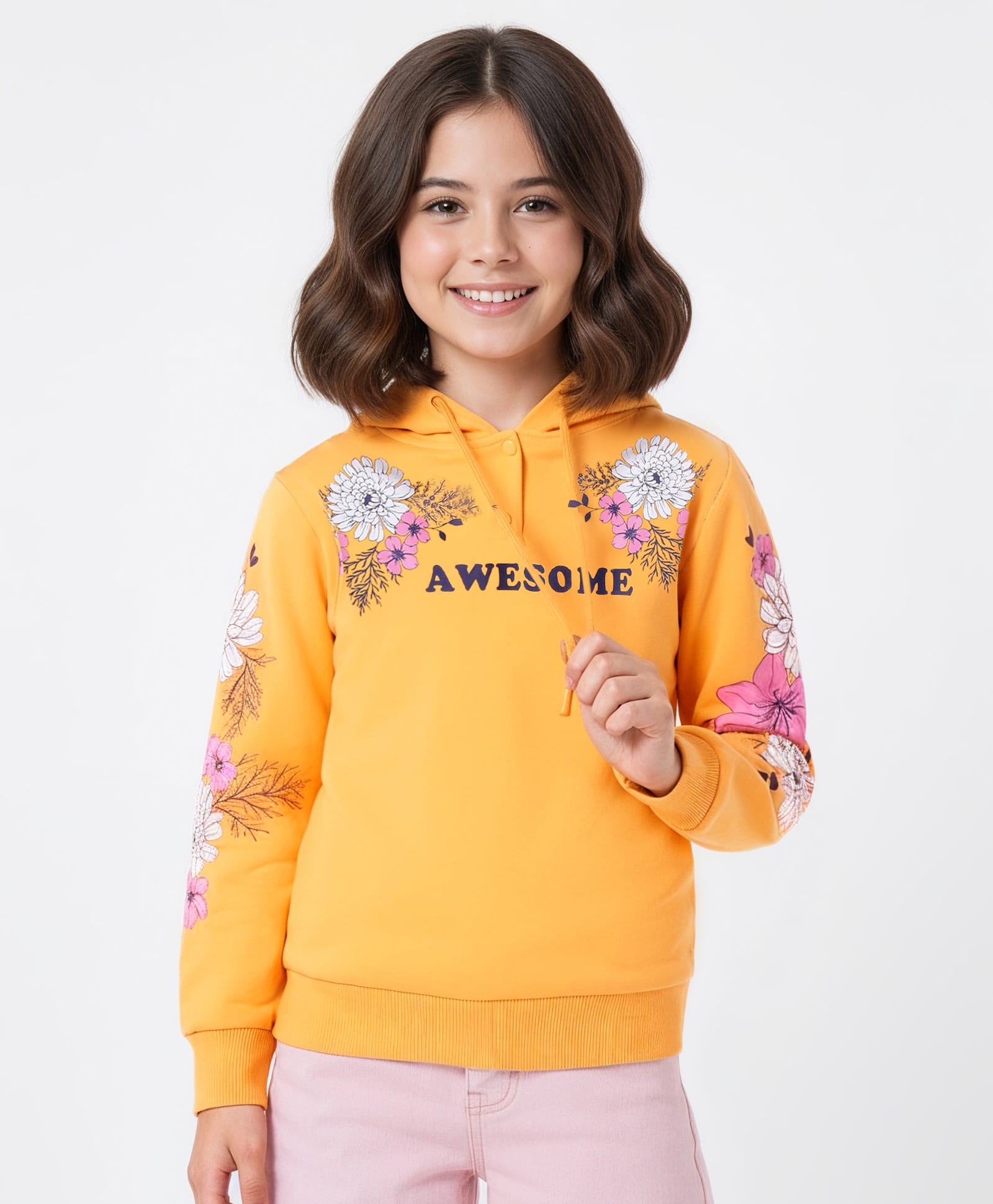 Pine Kids Cotton Knit Full Sleeves Hooded Sweatshirt with Floral Print - Mustard-picture-27