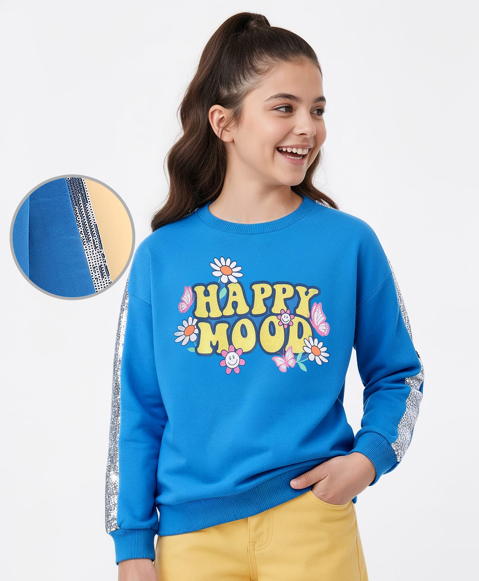 Pine Kids Cotton Knit Full Drop Sleeves Sweat Shirt with Sequinned detailing & Floral  Text Print - Blue-picture-20