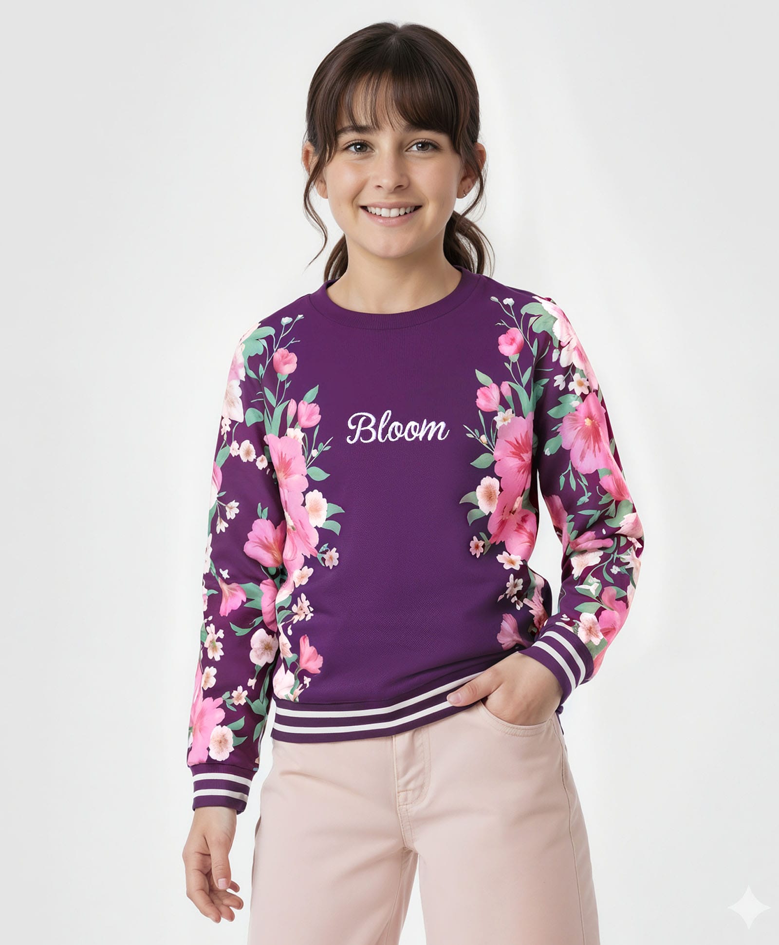 Pine Kids Cotton Knit Full Drop Shoulder Sleeves Sweatshirt with Floral Print - Purple-picture-16