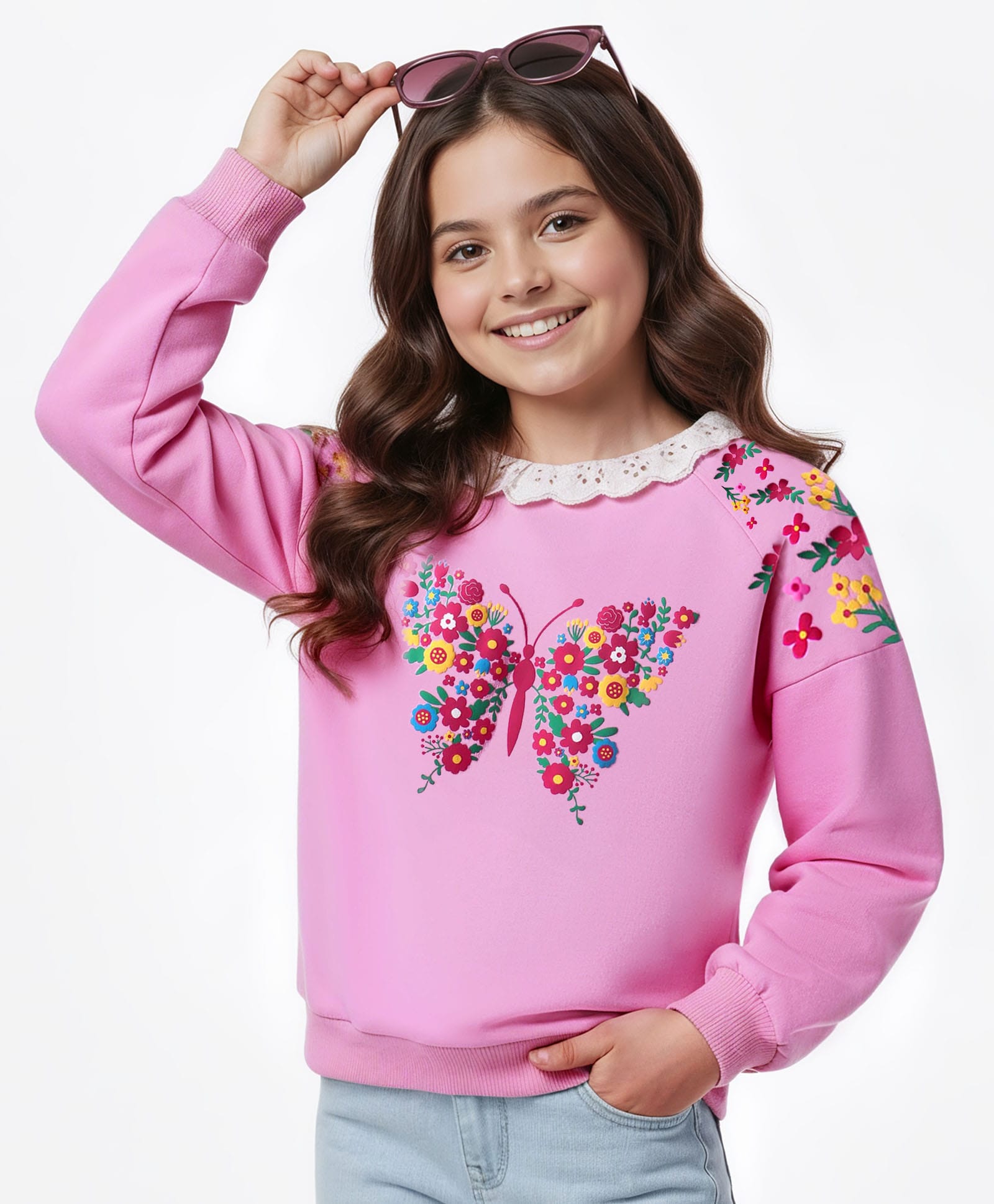 Pine Kids Cotton Knit Full Raglan Drop Shoulder Sleeves Sweatshirt with Floral Embroidery & Lace Detailing - Pink-picture-17