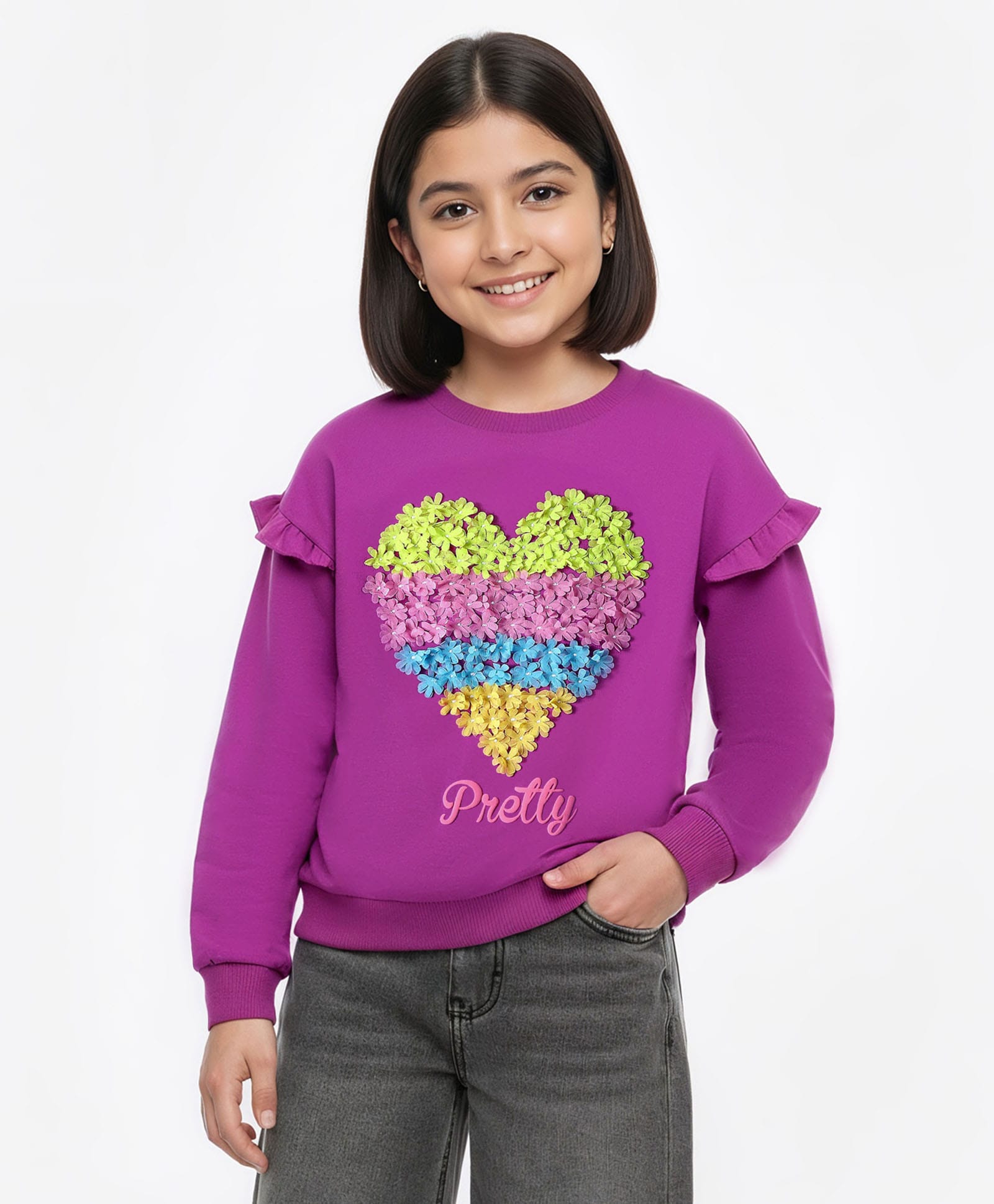Pine Kids Cotton Knit FullDrop Shoulder Sleeves Sweatshirt with Floral Applique - Purple-picture-29