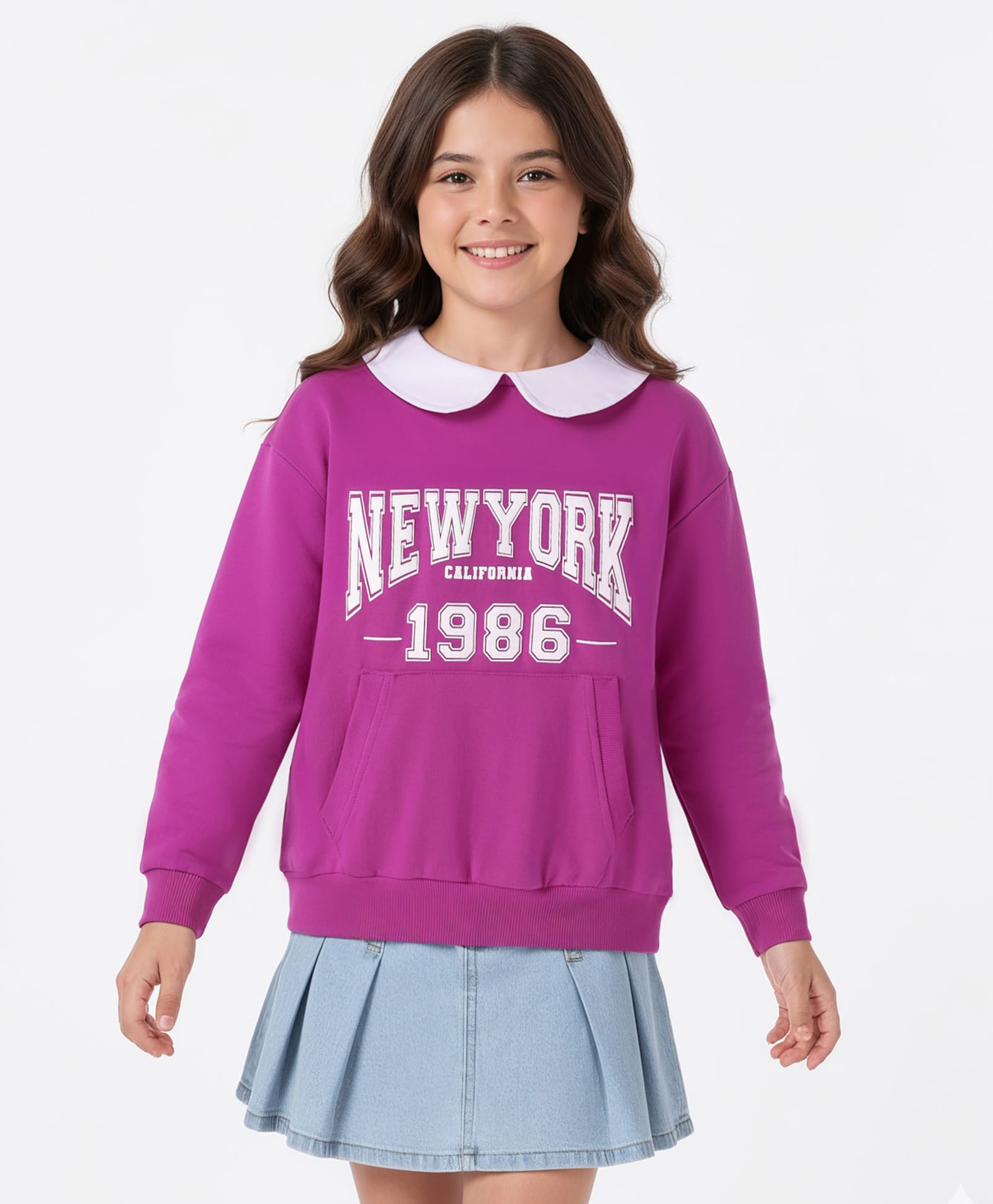 Pine Kids Cotton Knit Full Sleeves Text Printed Sweatshirt With Peter Pan Collar & Kangaroo Pockets - Purple