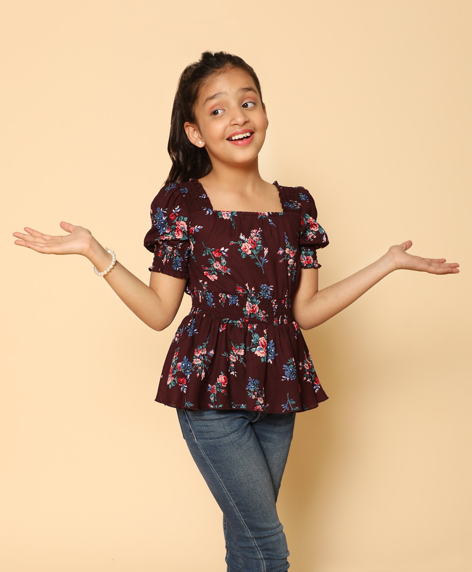 Kids Cave Half Puffed Sleeves Floral Printed Top - Purple-picture-24