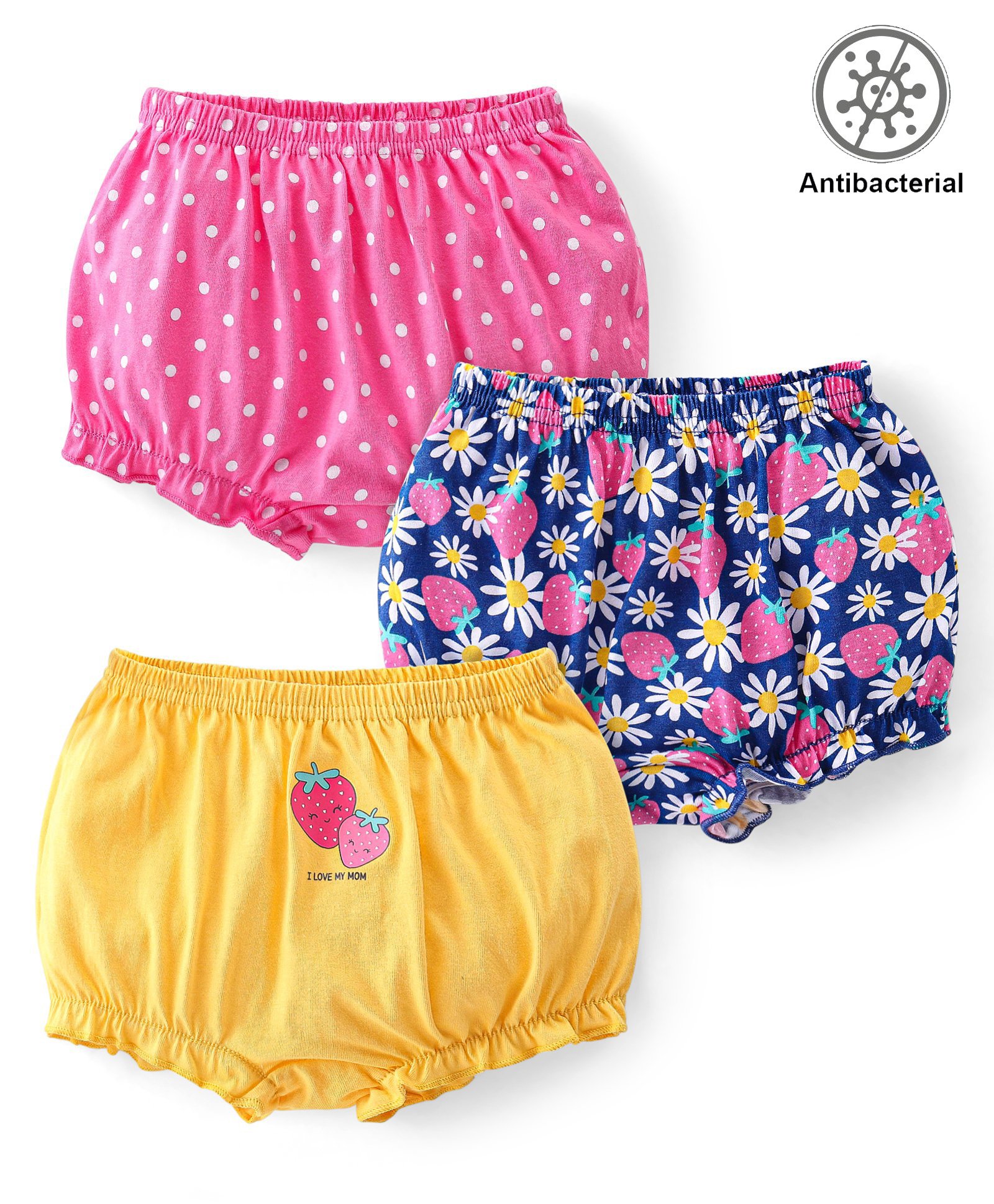 Babyhug 100% Cotton Knit Antibacterial Bloomers with Floral Polka Dots & Strawberry PrintPack of 3 - Pink Blue & Yellow-image-19