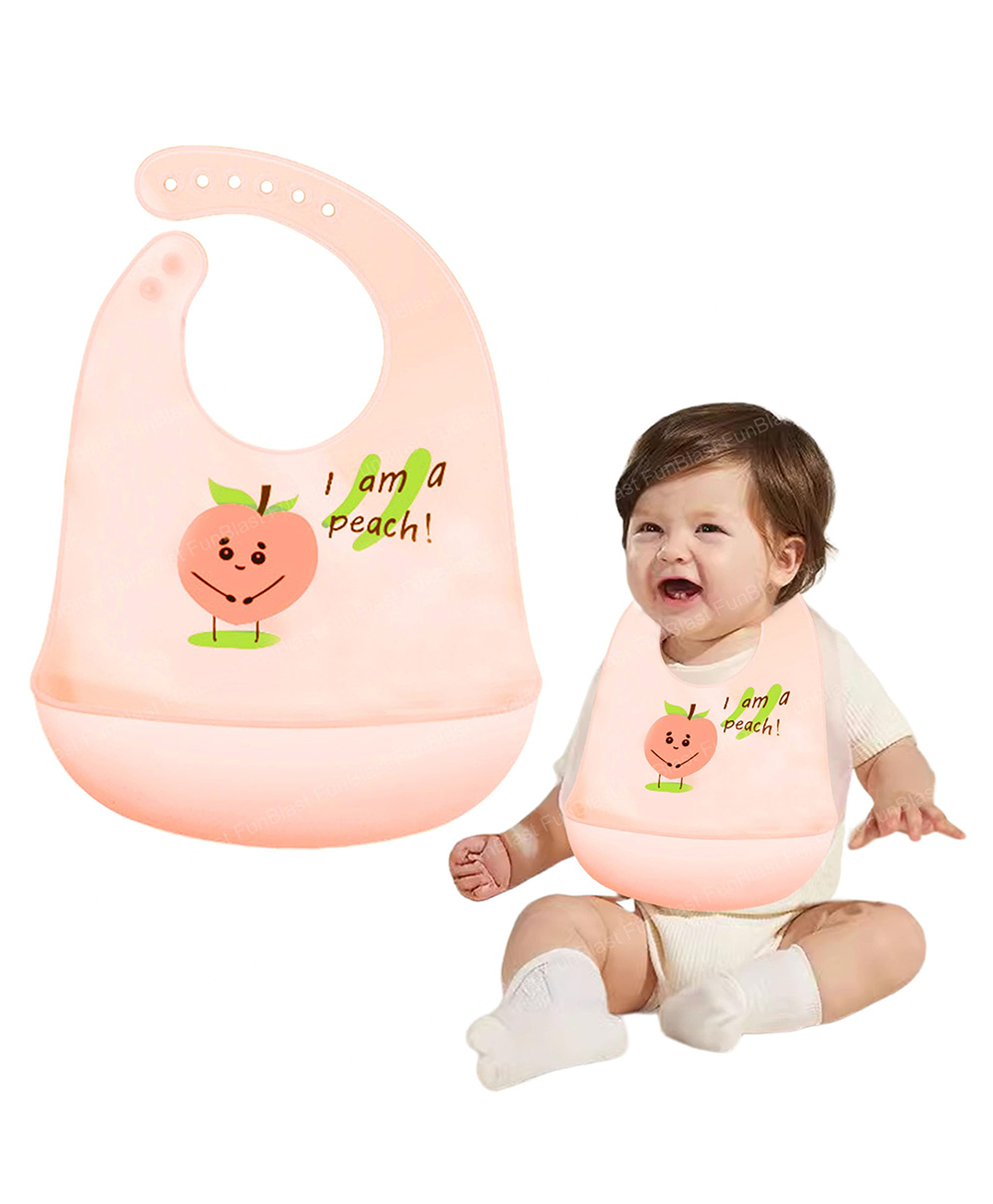 FunBlast Peach Print Silicone Baby Bib with Adjustable Strap for Feeding & Weaning-image-28
