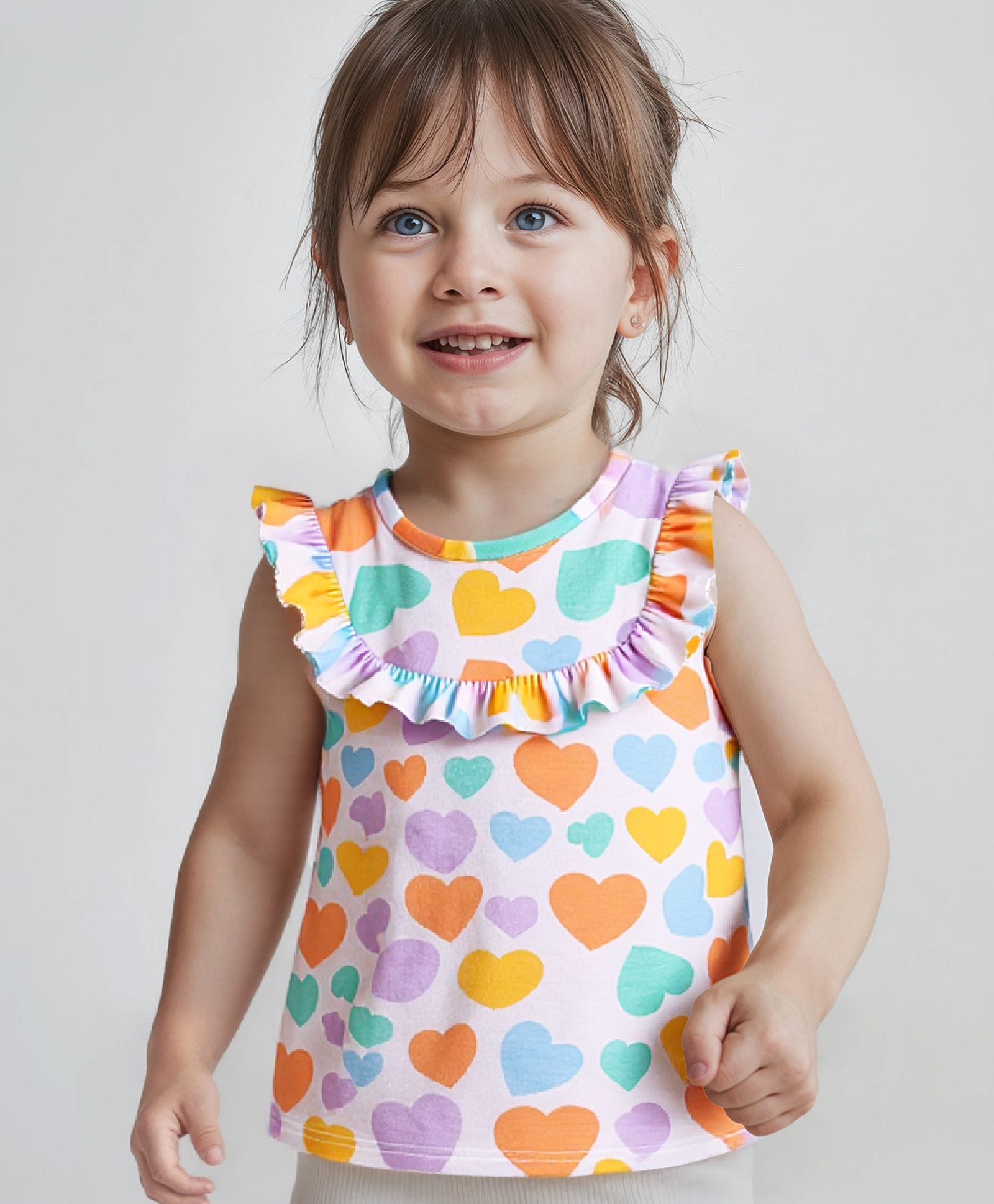 Babyhug Cotton Knit Sleeveless Top with Heart Print & Frill Detailing - Multicolor-picture-12