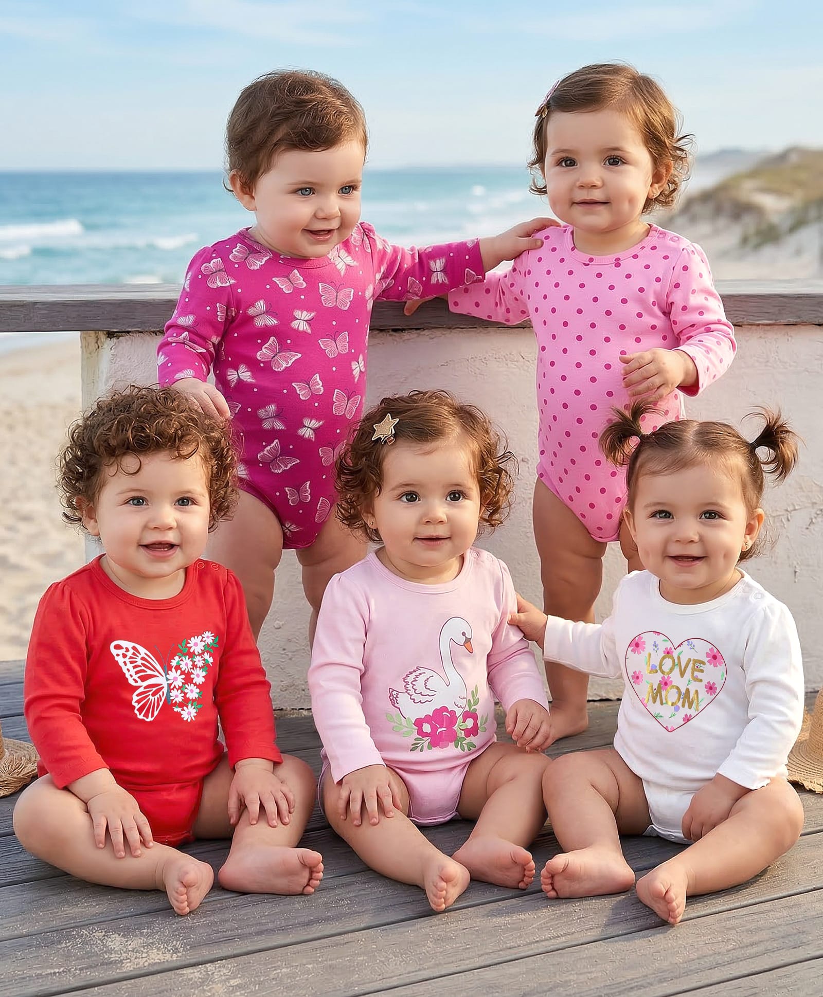 Babyoye100% Cotton Knit Full Sleeves Butterfly Swan & Polka Dot Print Onesies Pack of 5 - Pink Red & White-image-16