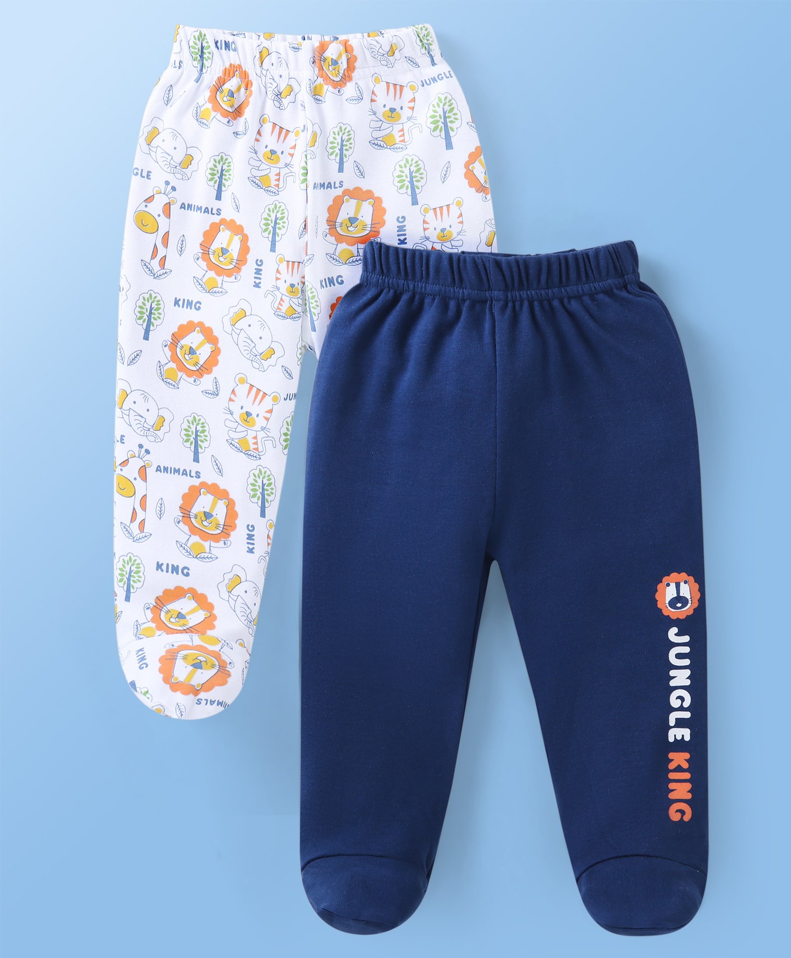 Doodle Poodle Interlock Cotton Knit Footed Bootie Leggings with Jungle Theme Print Pack of 2 - White & Blue-picture-22