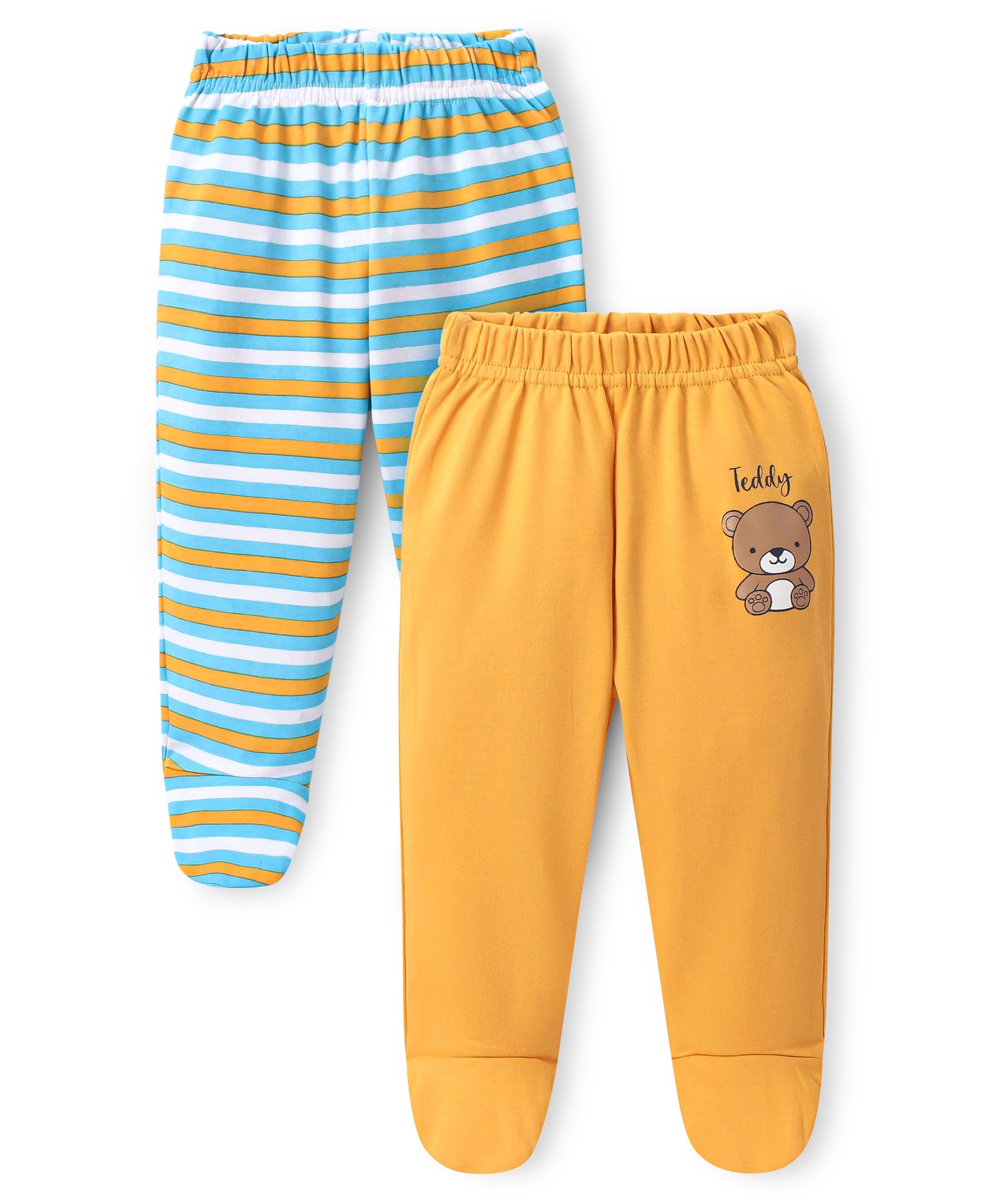 Doodle Poodle Interlock Cotton Knit Striped Footed Bootie Leggings with Teddy Print Pack of 2 - White & Yellow-picture-22