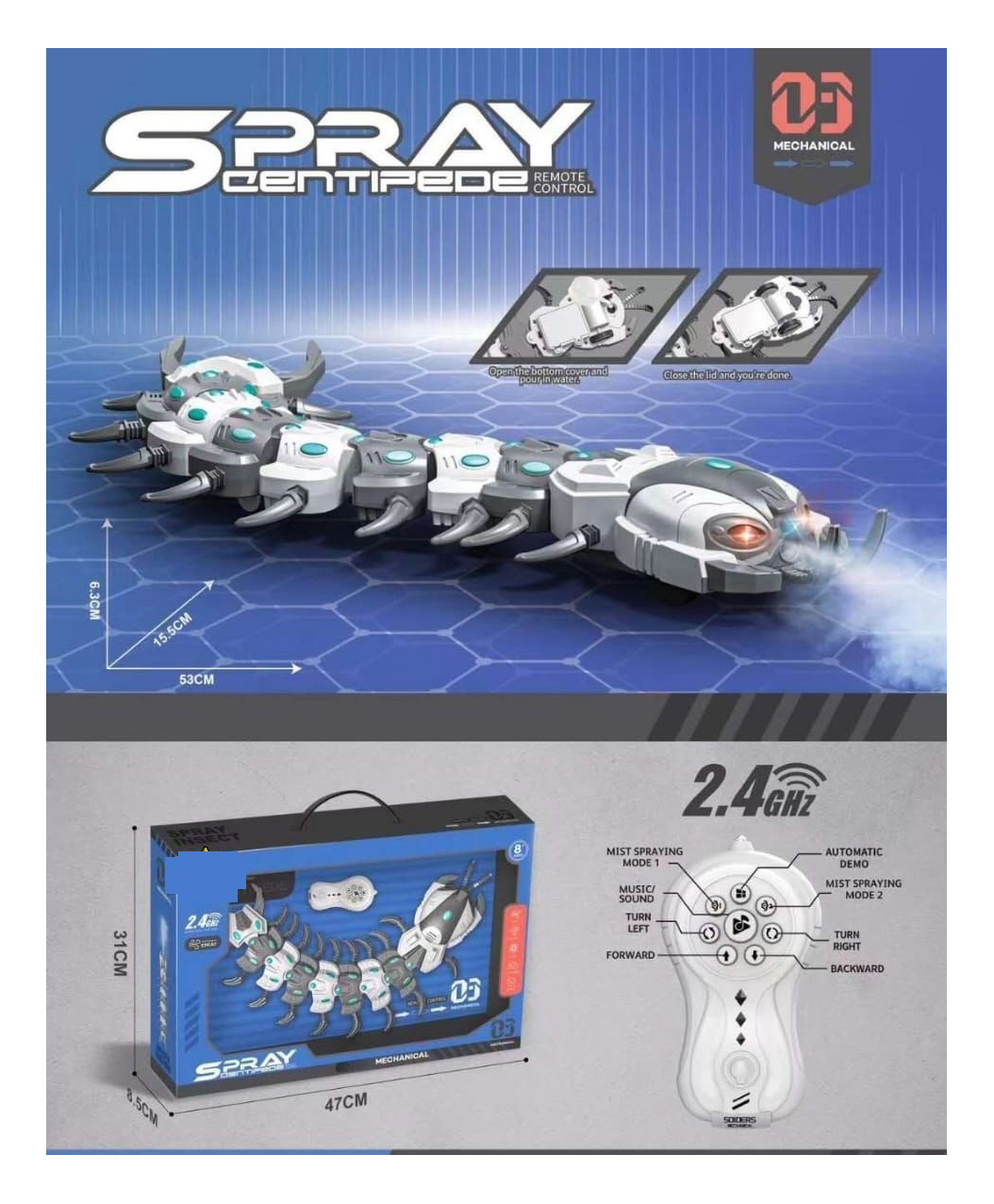Sanjary Remote Control Centipede with Light Sound & Spray toys for kids - Color & Design May Vary-picture-3