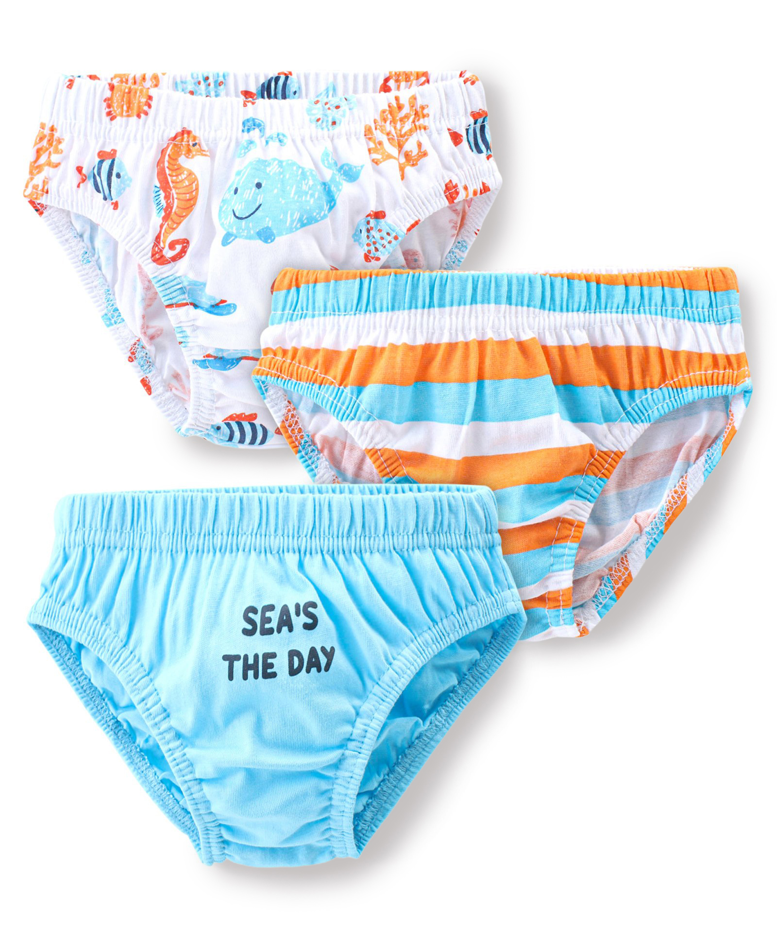 Babyhug 100% Cotton Antibacterial Briefs With Stripes & Sea Life Print Pack of 3 - Blue & White-image-49