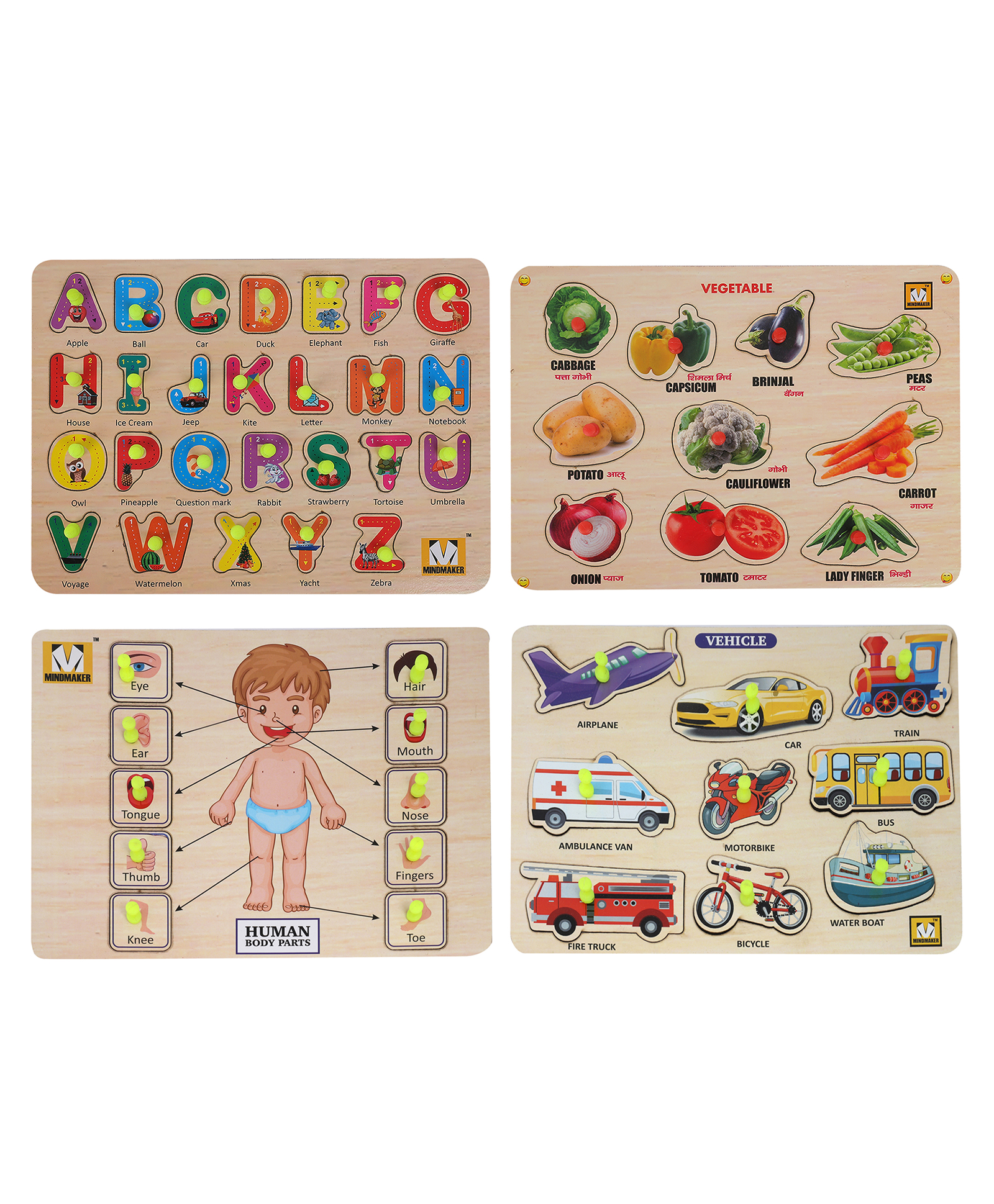 MINDMAKER Wooden Puzzle with Knobs Educational and Learning Toy for Kids (Alphabets+Vegetables+Body Parts+Transports)-picture-38