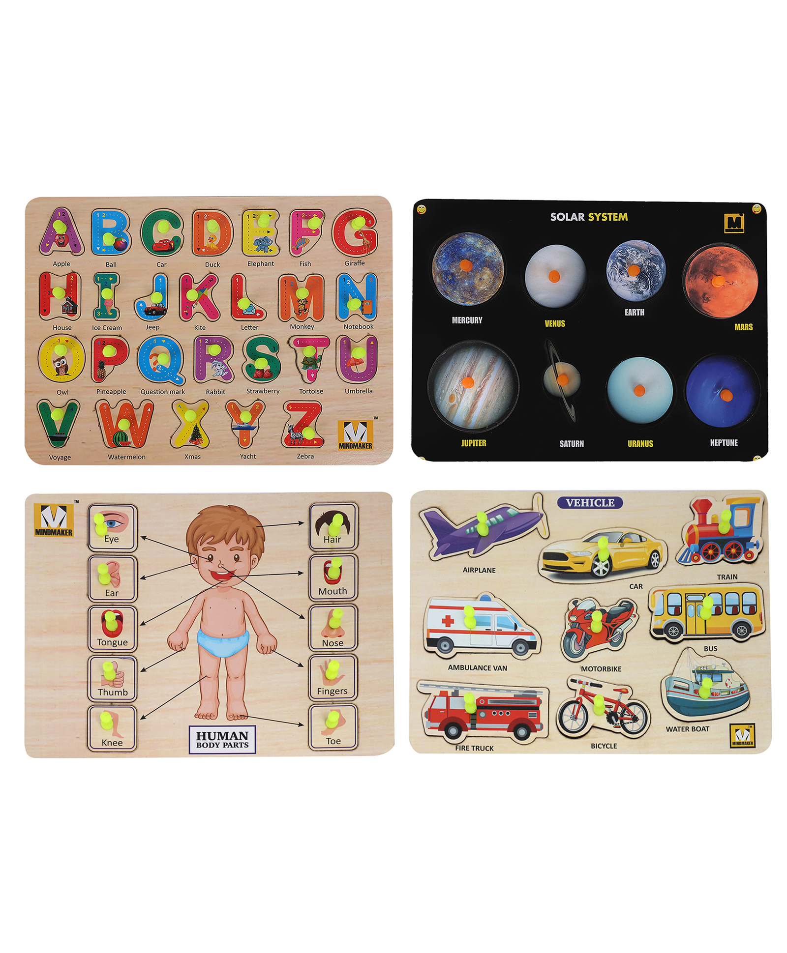 MINDMAKER Wooden Puzzle with Knobs Educational and Learning Toy for Kids (Alphabets+Solar System+Body Parts+Transports)-picture-4