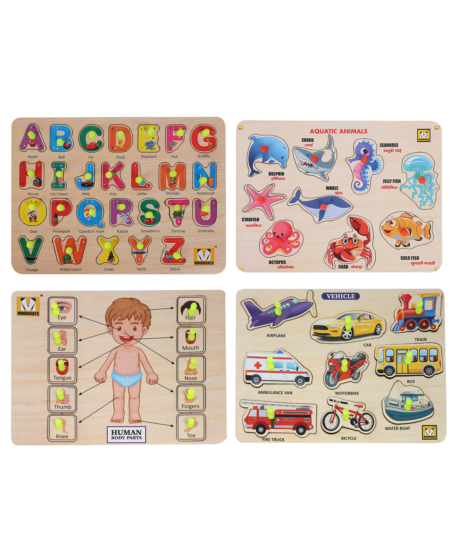 MINDMAKER Wooden Puzzle with Knobs Educational and Learning Toy for Kids (Alphabets+Aquatic Animals+Body Parts+Transports)-picture-1