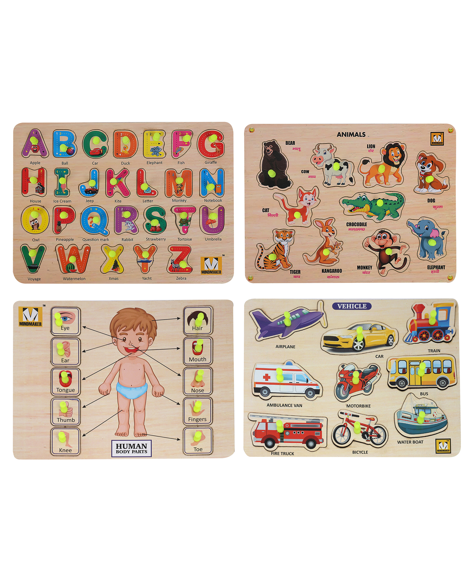 MINDMAKER Wooden Puzzle with Knobs Educational and Learning Toy for Kids (Alphabets+Animals+Body Parts+Transports)-picture-25