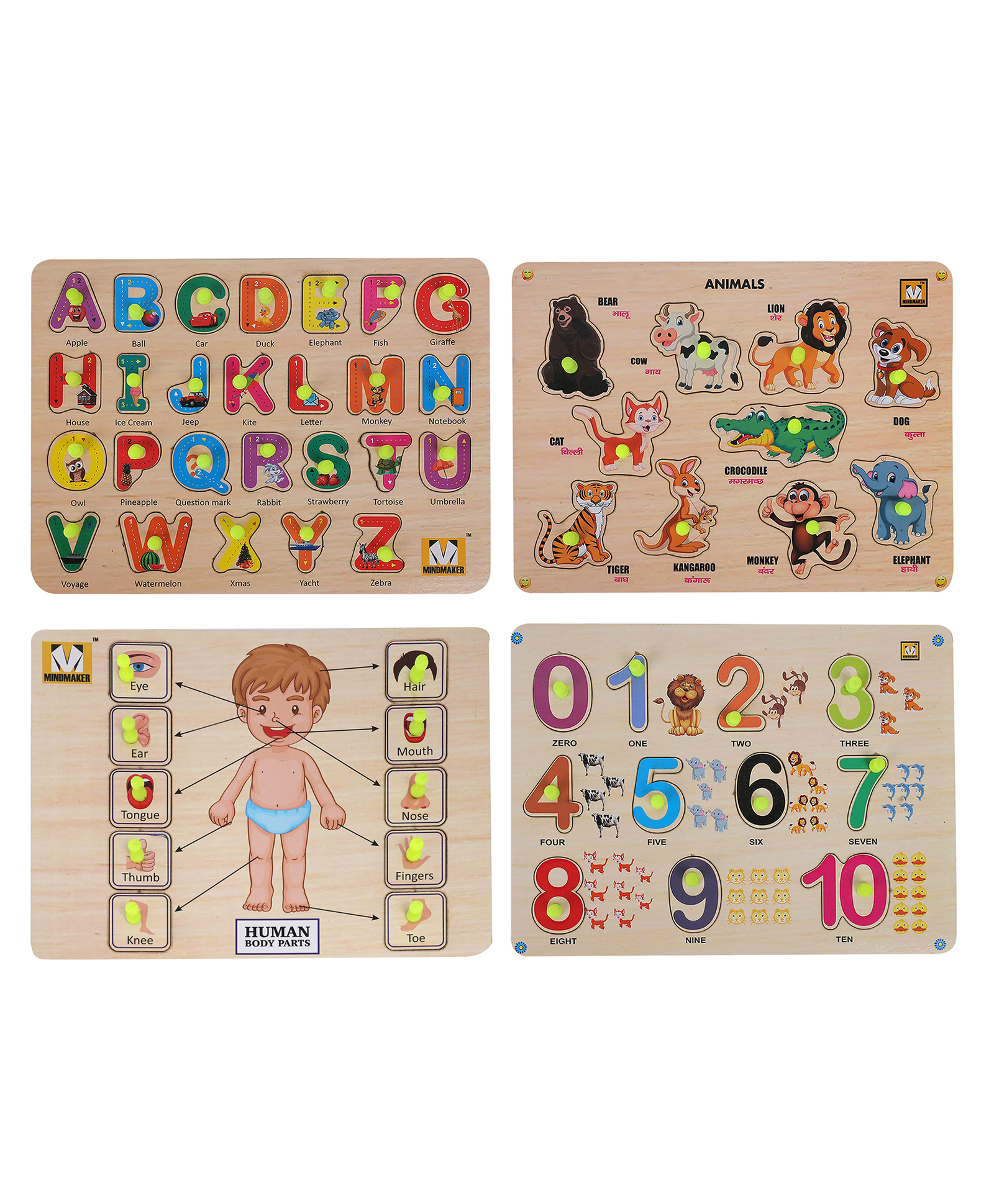 MINDMAKER Wooden Puzzle with Knobs Educational and Learning Toy for Kids (Alphabets+Number+Body Parts+Animals)-picture-26