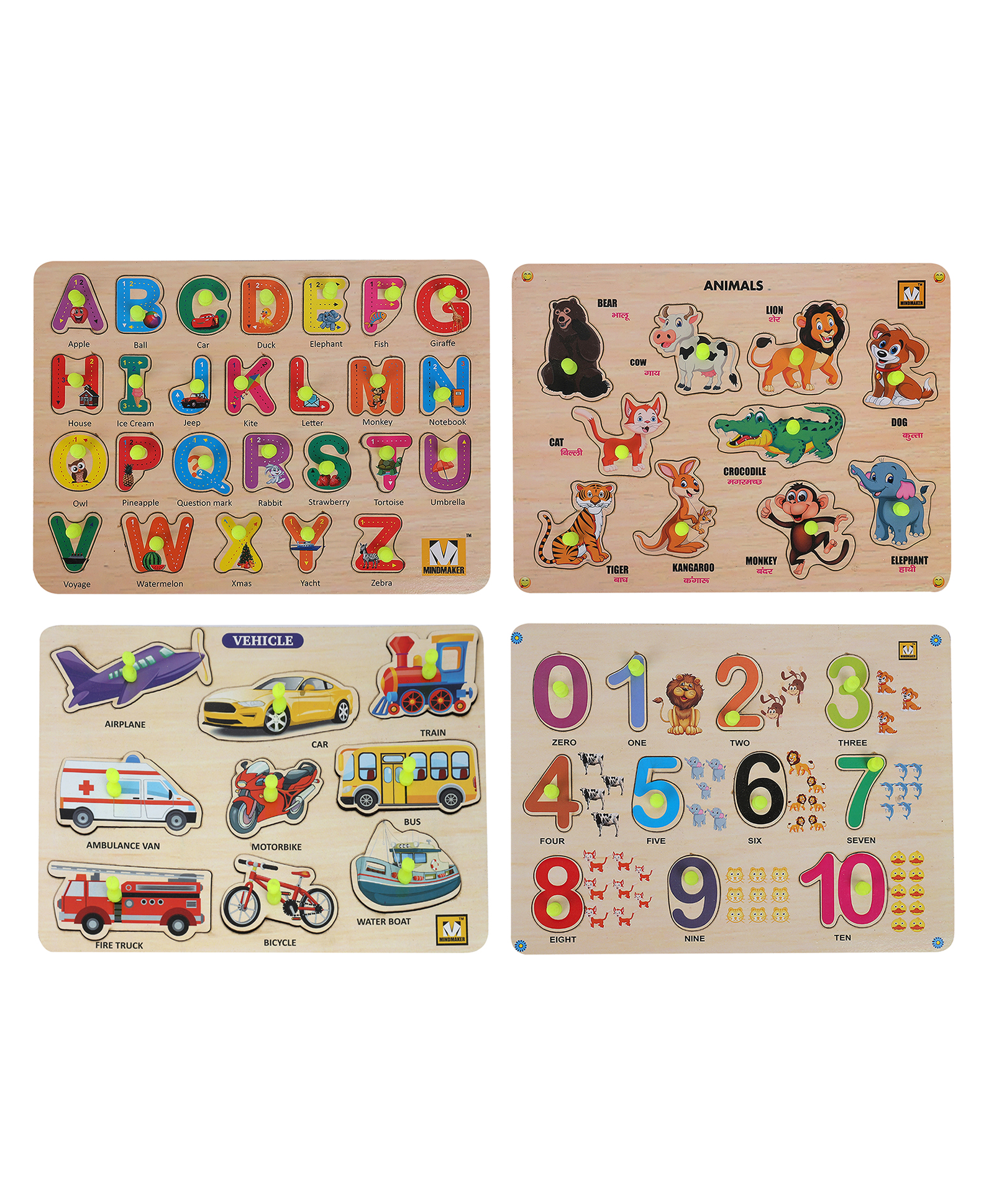 MINDMAKER Wooden Puzzle with Knobs Educational and Learning Toy for Kids (Alphabets+Number+Transports+Animals)-picture-24
