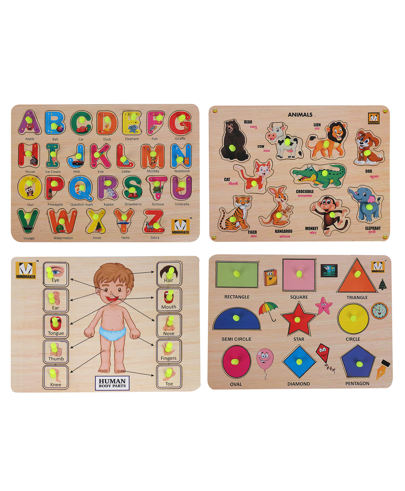 MINDMAKER Wooden Puzzle with Knobs Educational and Learning Toy for Kids (Alphabets+Shapes+Body Part+Animals)-picture-28