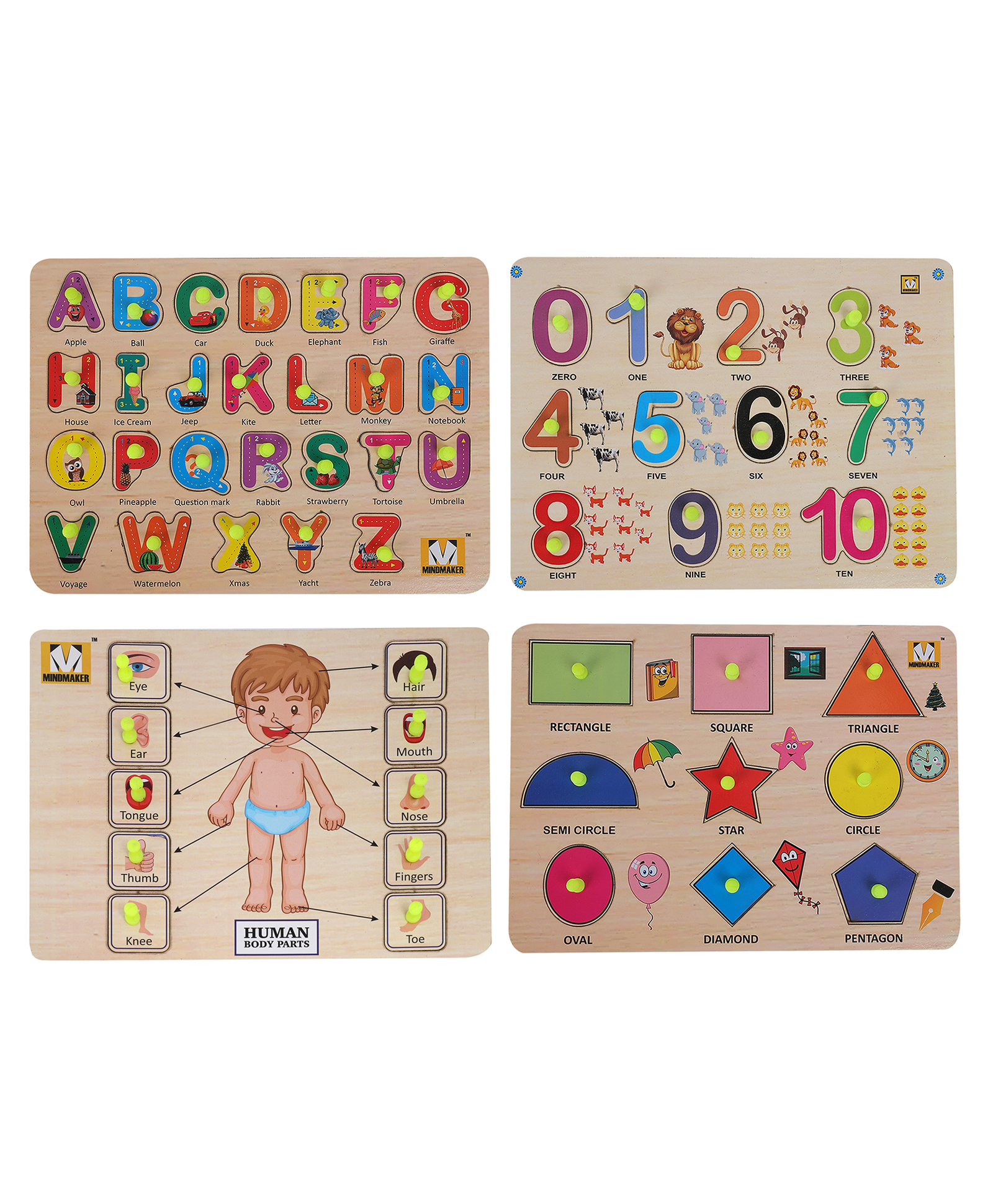 MINDMAKER - Wooden Puzzle with Knobs Educational and Learning Toy for Kids (Alphabets+Shapes+Body Part+Numbers)-picture-27