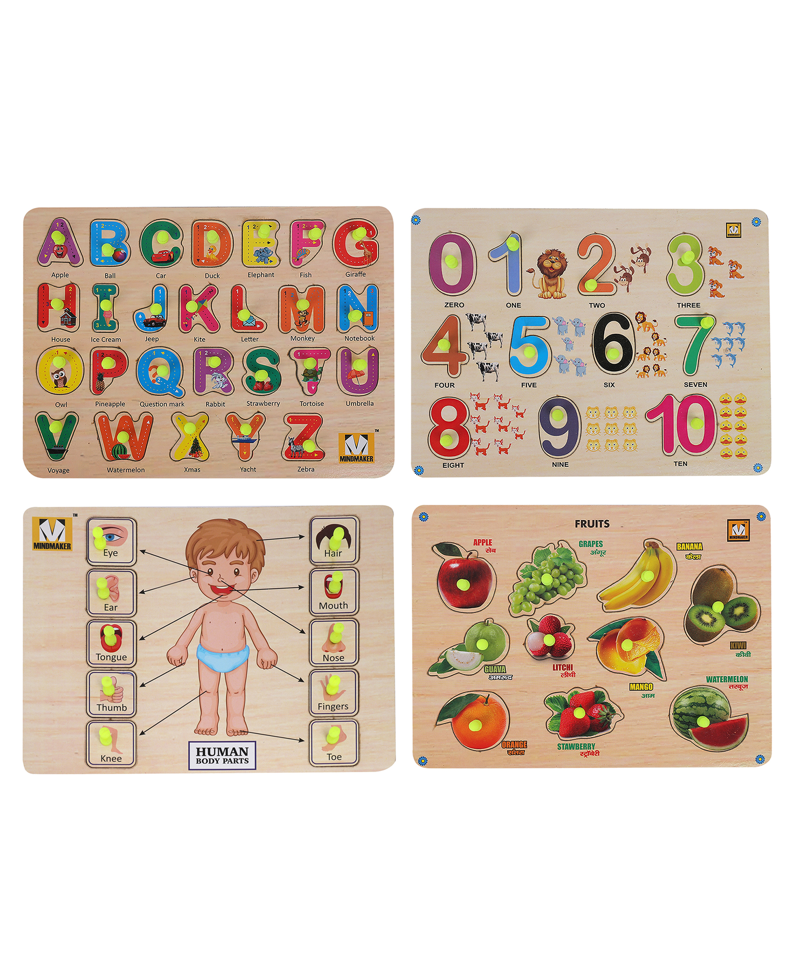 MINDMAKER Wooden Puzzle with Knobs Educational and Learning Toy for Kids (Alphabets+Fruits+Body Part+Numbers)-picture-29