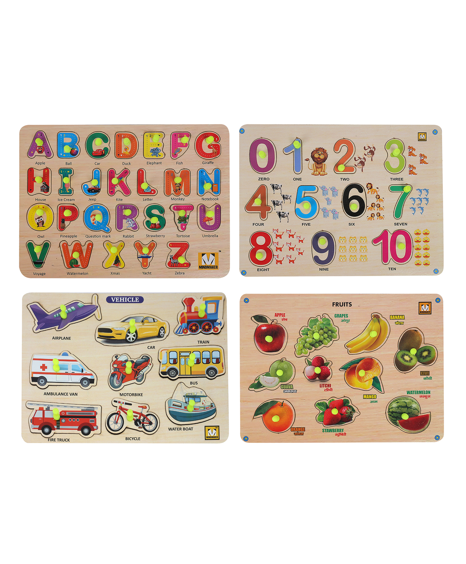 MINDMAKER Wooden Puzzle with Knobs Educational and Learning Toy for Kids (Alphabets+Fruits+Transports+Numbers)-picture-23