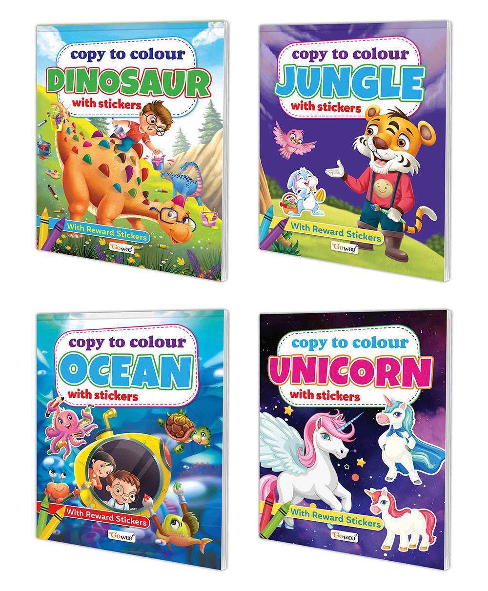 Copy to Colour Dinosaurs, Jungle, Ocean and Unicorn with Stickers book for kids :  Kids coloring adventure book, Creative coloring fun, Copy to colour book for kids | Pack of 4 copy to colour books with Stickers.-image-41
