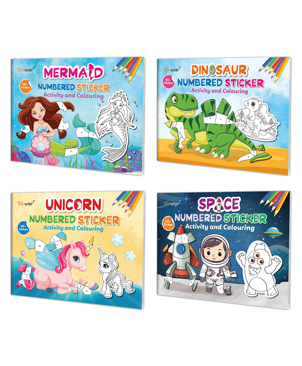 Mermaid, Dinosaur, Unicorn and Space Numbered Sticker Activity and Colouring books for age 3+ Kids : Fun colouring for children, Sticker activity book with over 150+ stickers | Pack of 4 books-image-20