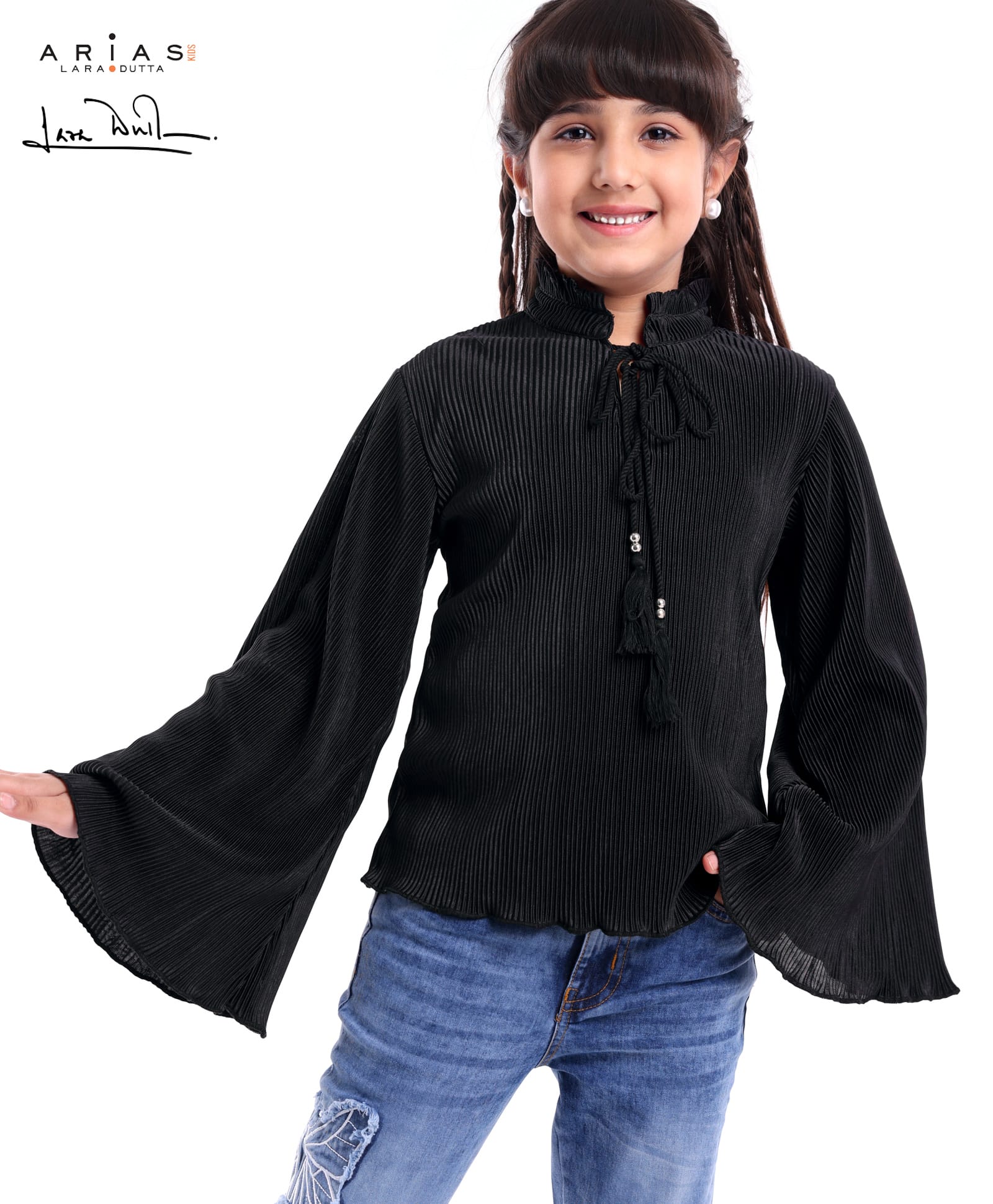 arias by lara dutta Arias Textured Knit Bell Sleeves Top With Cord Tie-Up & Solid Colour - Black-picture-15