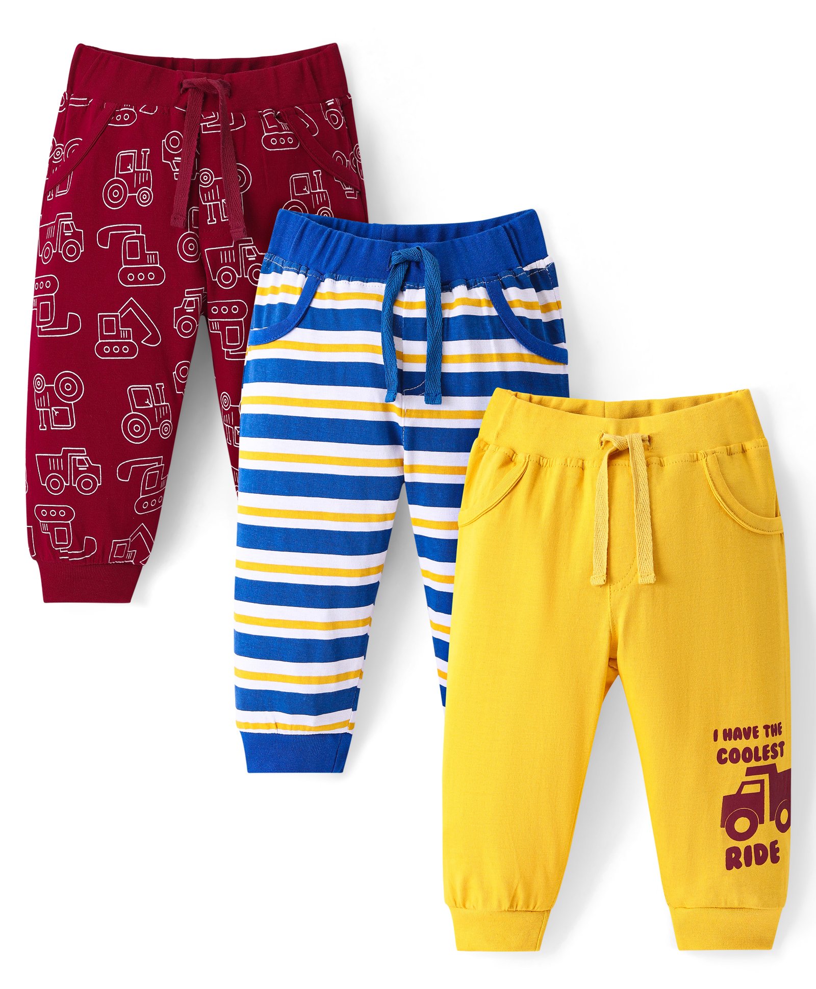 Doodle Poodle  Single Jersey Knit Full Length Construction Vehicles Print Lounge Pants Pack of 3 - Red Yellow & Blue-picture-22