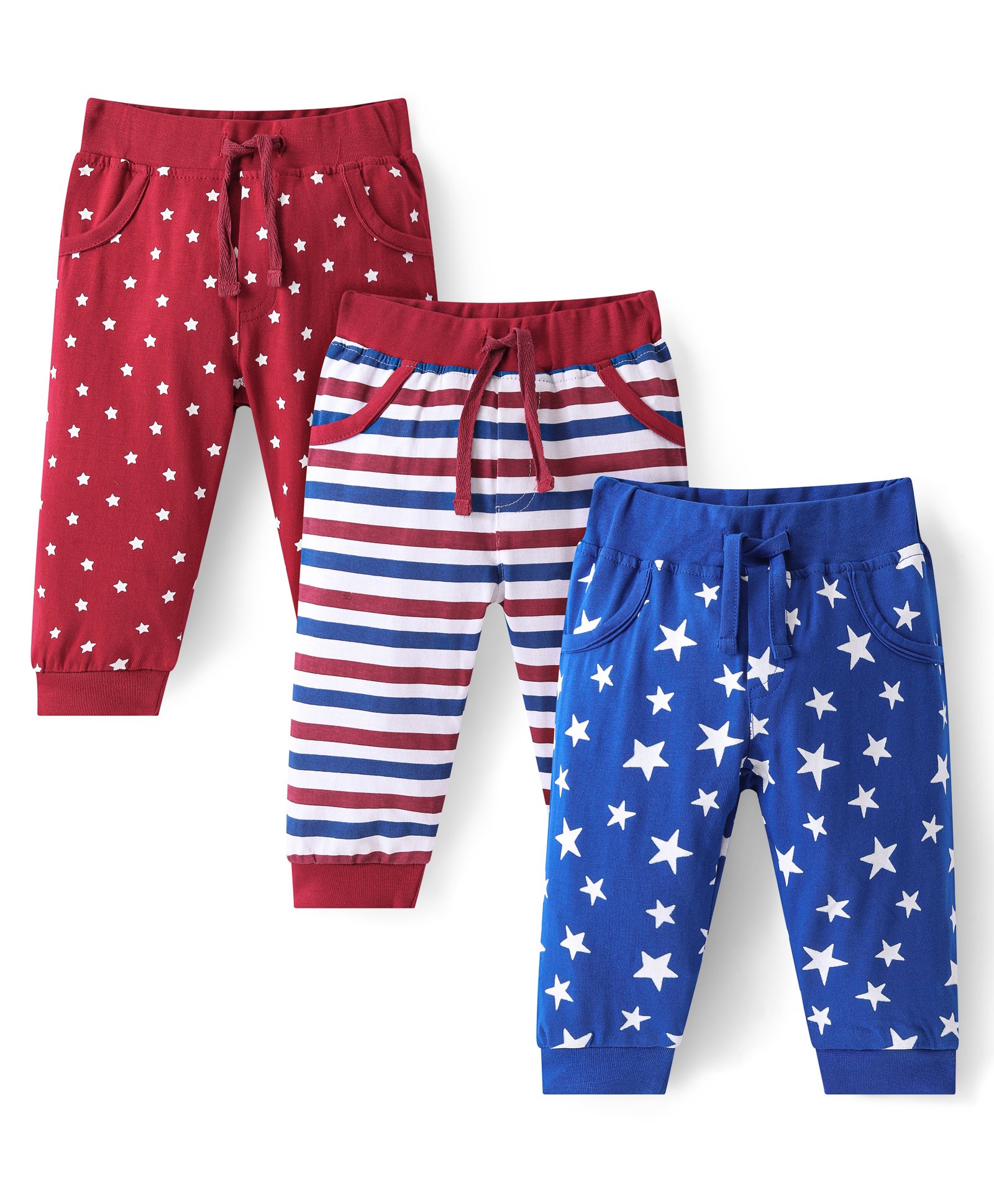 Doodle Poodle  Single Jersey Full Length Lounge Pants Striped & Star Print Pack of 3 - Red & Blue-image-40