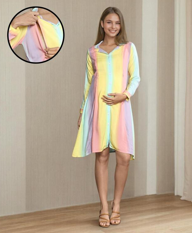 MomToBe Full Sleeves Colour Blocked Maternity Shirt Dress With Concealed Zipper Nursing Access - Multi Colour-picture-10