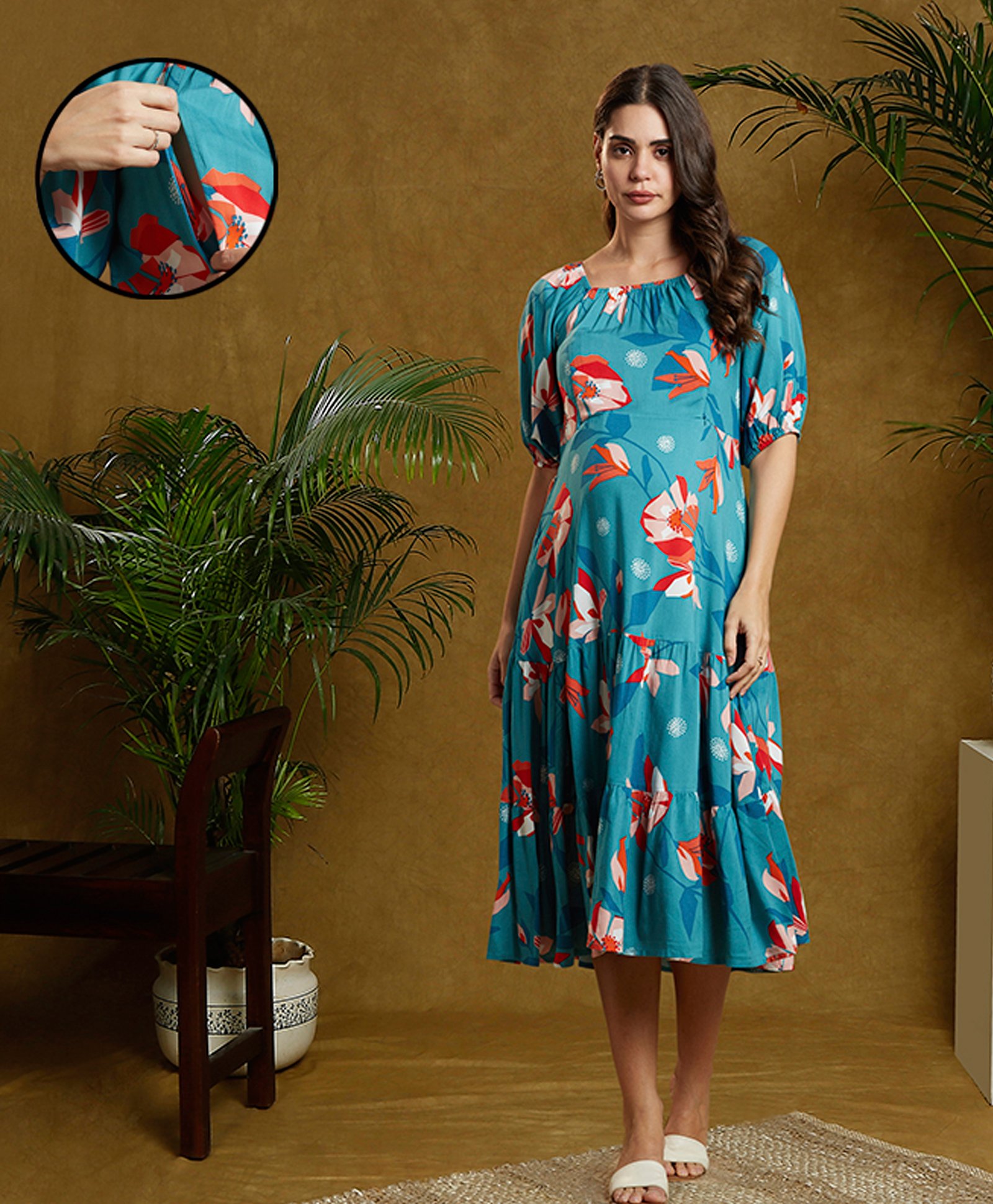 MomToBe Half Sleeves Floral Printed Maternity Dress With Concealed Zipper Nursing Access - Green-picture-2