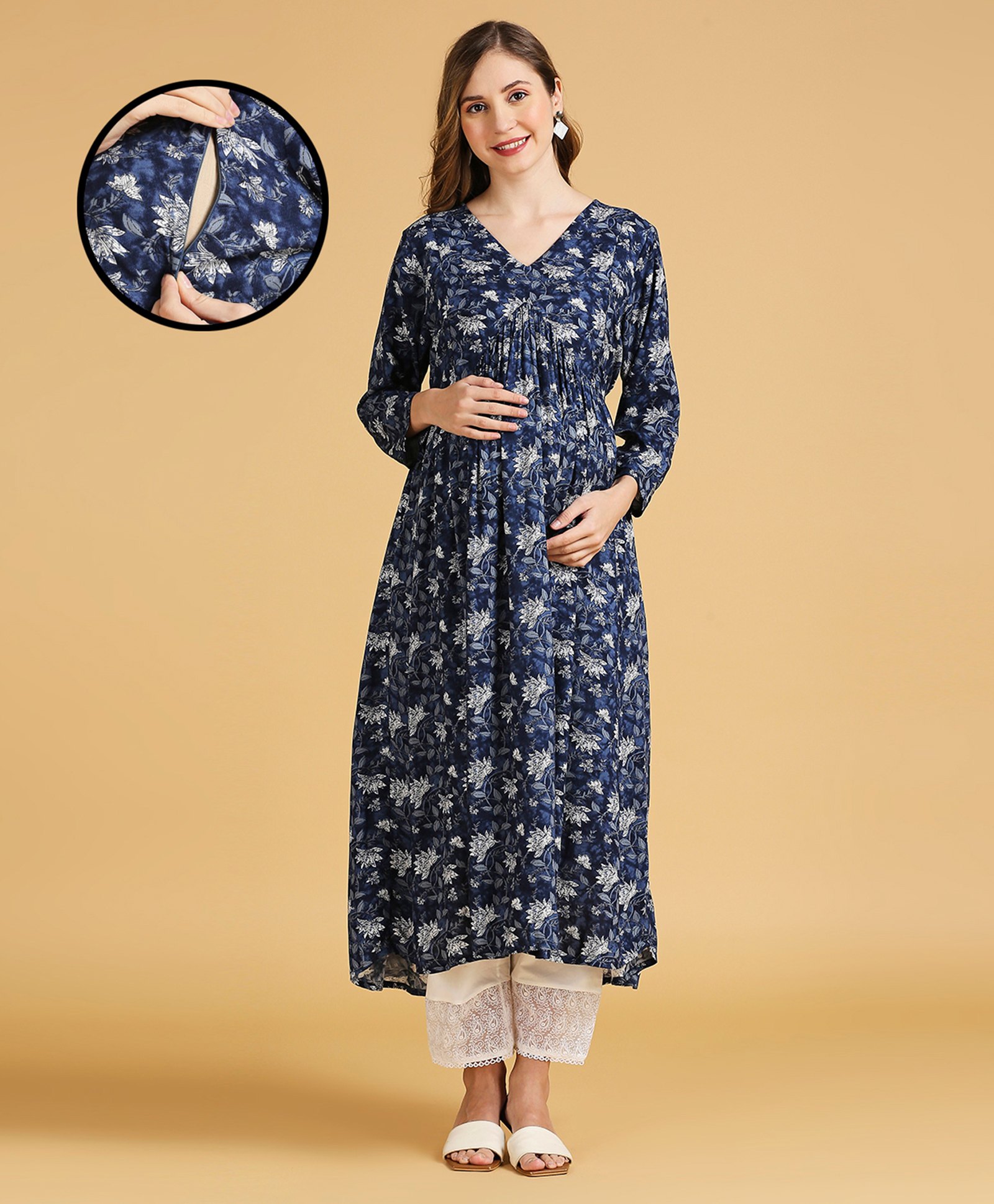 MomToBe Rayon Full Sleeves Floral Printed Kurta With Concealed Zipper Nursing Access - Blue-image-11