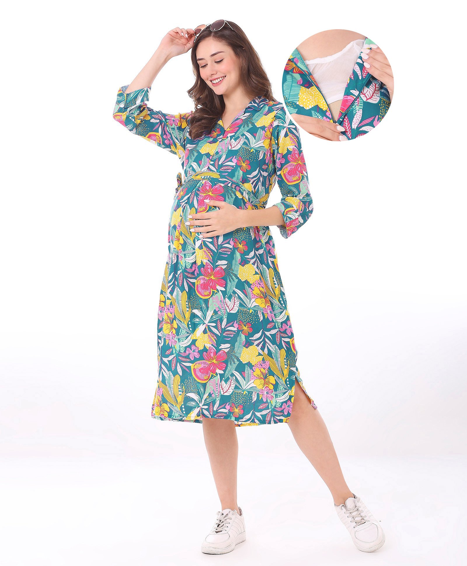 Bella Mama Woven Three Fourth Sleeves Maternity Dress with Floral Print - Multicolor-image-46