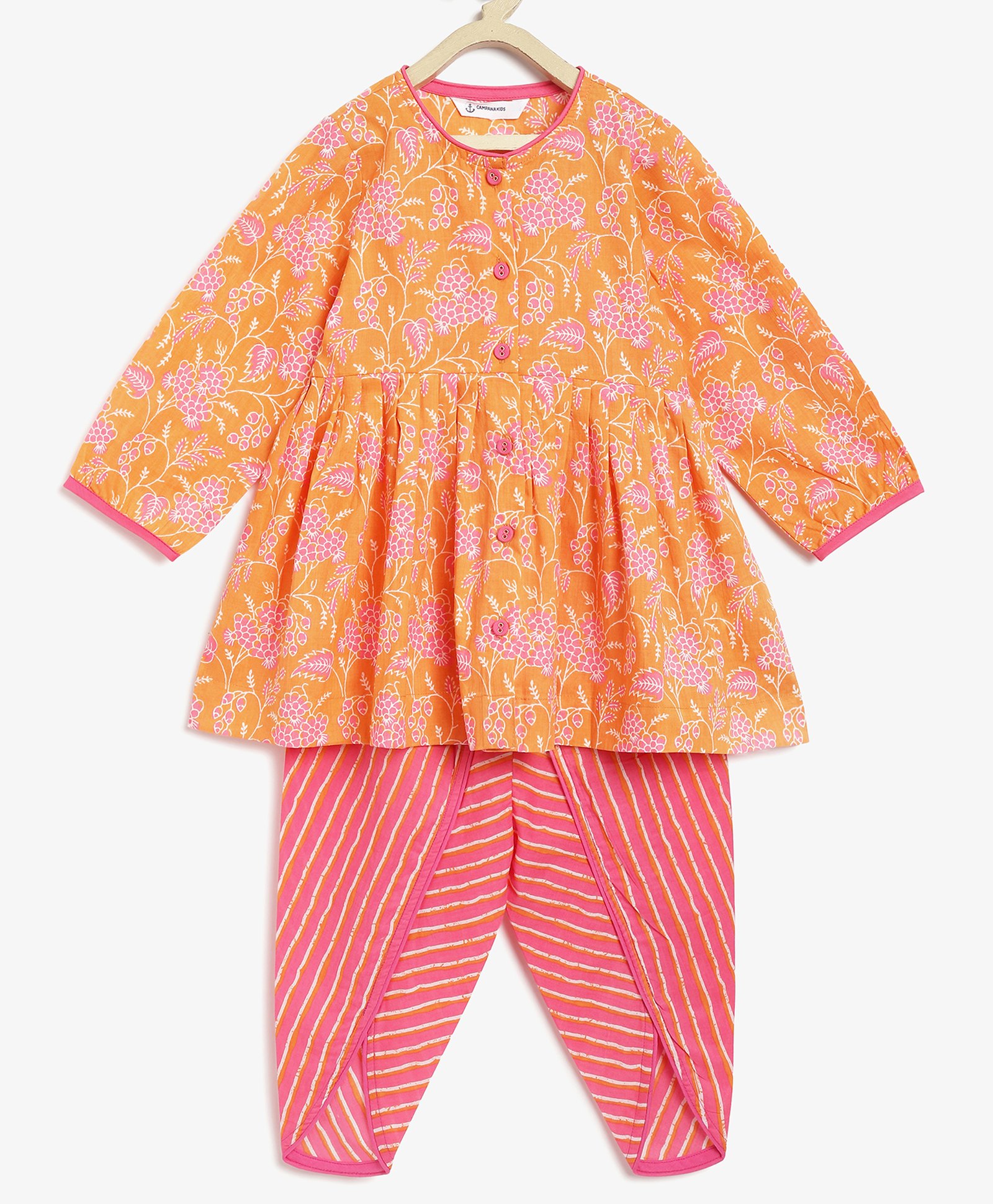 Campana 100% Cotton Full Sleeves Floral Printed Kurta With Dhoti Pants - Orange & Pink-picture-37